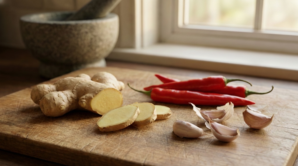 สมุนไพรฤทธิ์ร้อน ขิง พริก กระเทียม