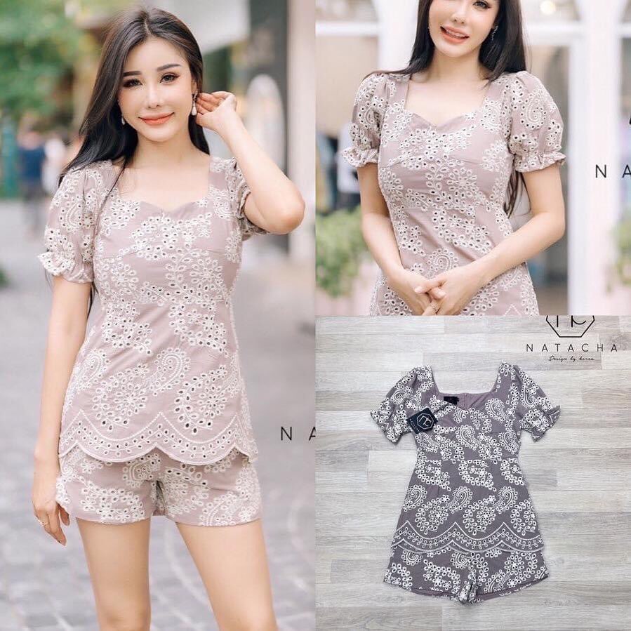 Set เสื้อแขนจั้ม กางเกงขาสั้น เนื้อผ้าลายฉลุปักลายย งานสวยแพทเทิลดี สินค้าคุณภาพ (พร้อมส่ง)