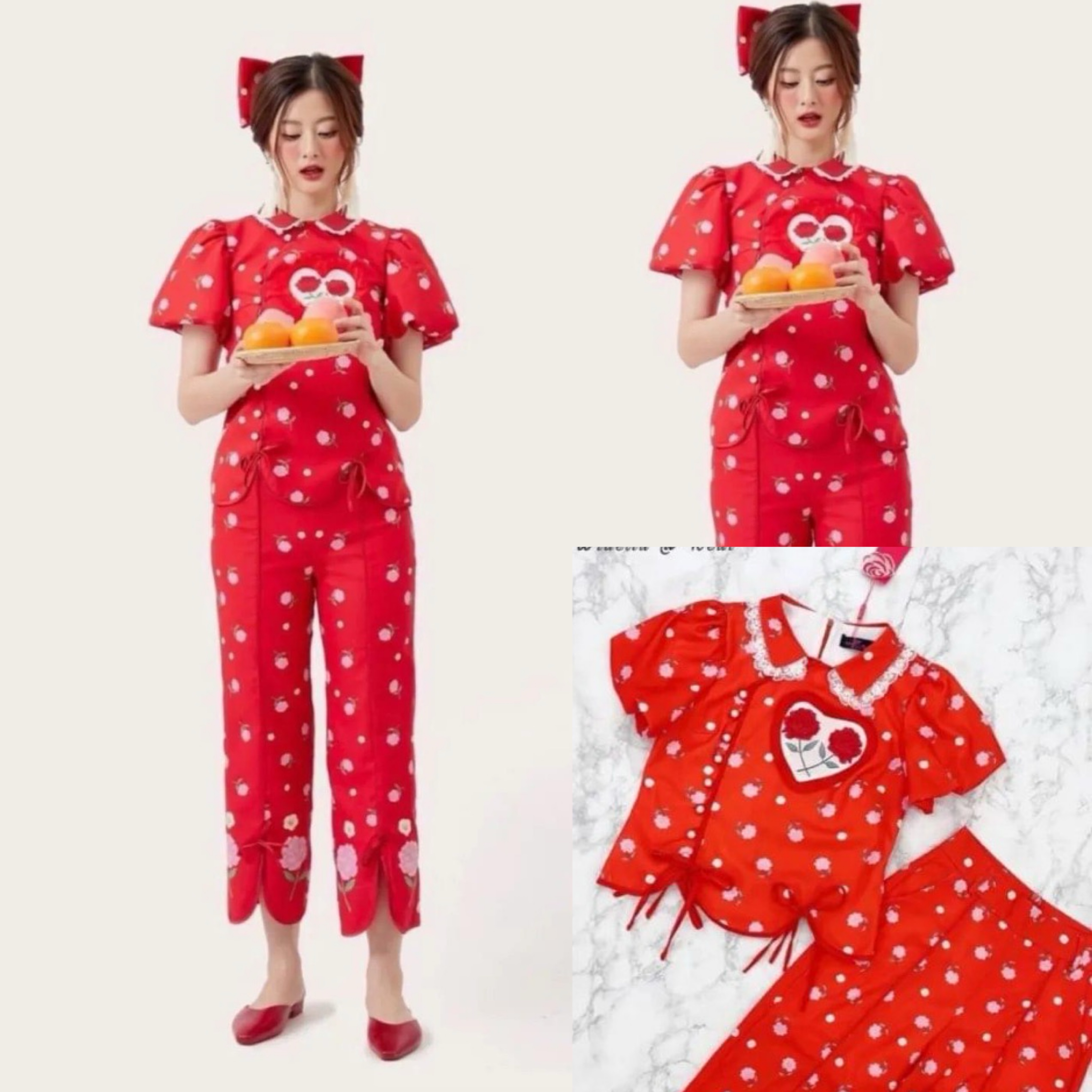 Set เซ็ทกี่เพ้าสีแดงแสนสวย เสื้อปกคอแต่ง ขอบลูกไม้ อกแต่งหัวใจ/กระดุมไข่มุก กางเกงขากระบอกเองสูง ชายขาผูกโบว์ สินค้าคุณภาพ (พร้อมส่ง)