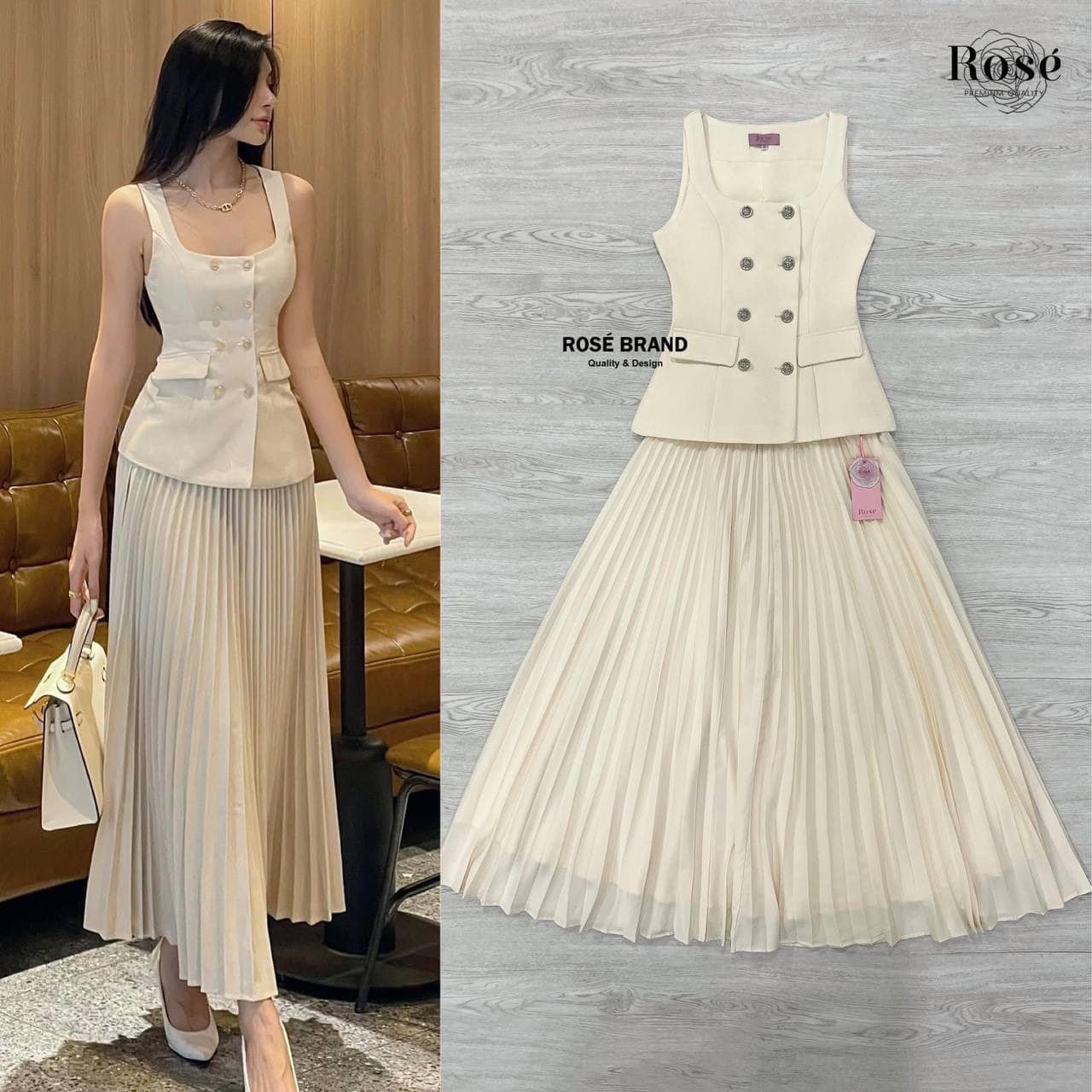 เซทเสื้อสูทแขนกุดสีดำแต่งกระดุมด้านหน้า มีกระเป๋าข้าง มากับกระโปรงพลีทยาว ซับในยาวถึงชาย ใส่สบาย : สินค้าคุณภาพ (พร้อมส่ง)