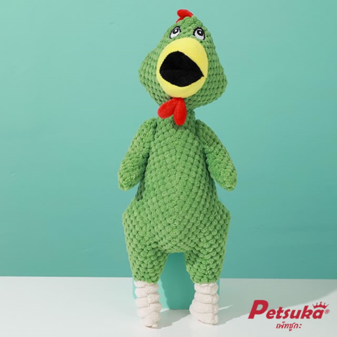 ตุ๊กตาไก่โอ๊ก Petsuka ของเล่นขัดฟันสัตว์เลี้ยง มีเสียงร้อง สีเขียว