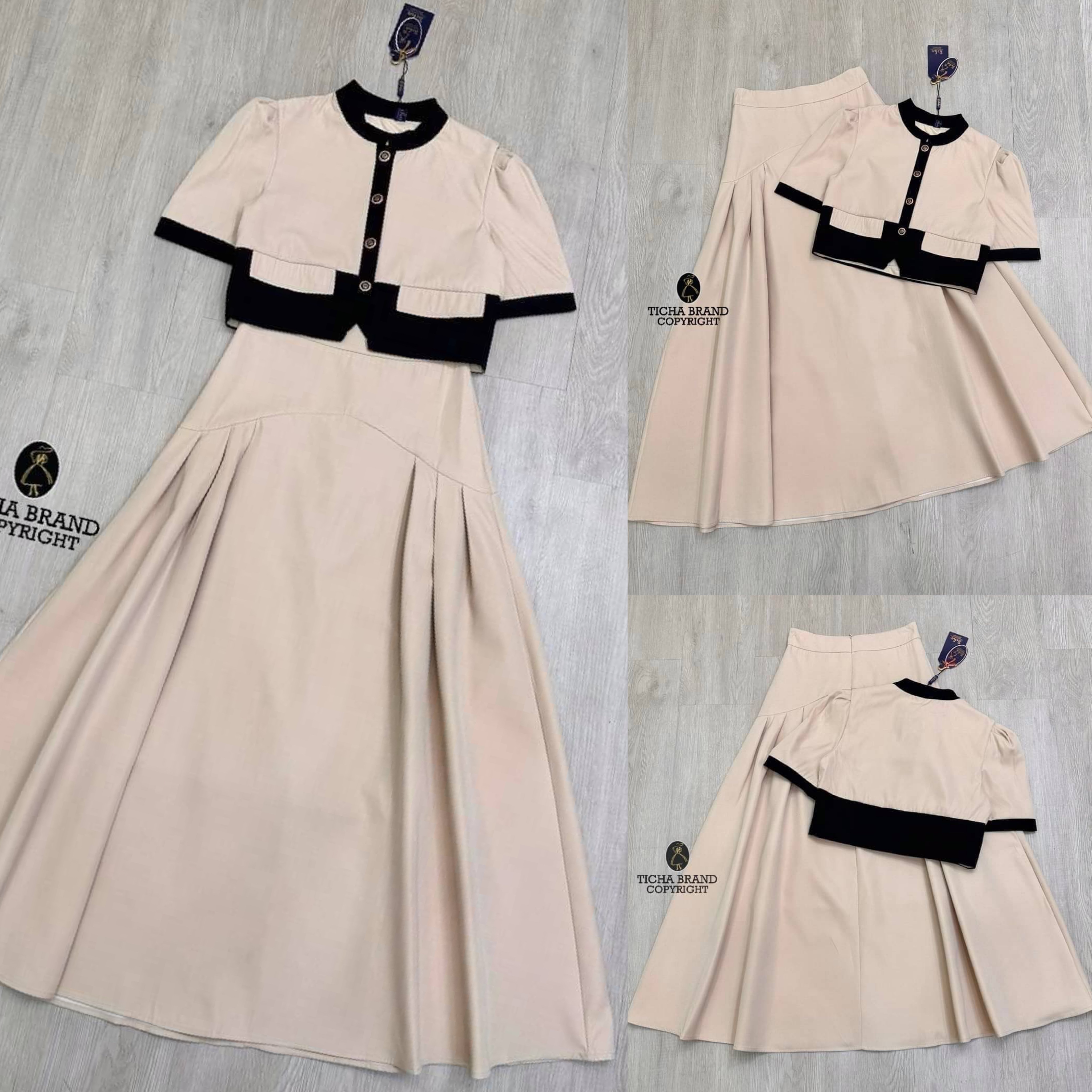 ชุดเซต2ชิ้น สีครีมเสื้อครอปคอจีนแขนสั้น มาพร้อมประโปรงยาวเอวสูง เย็บซับในอย่างดี ผ้ามีน้ำหนัก ทรงสวย สินค้าคุณภาพ (พร้อมส่ง)