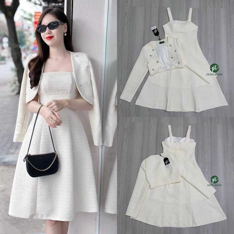 เซต2ชิ้นสีครีมผ้าทอขนนิ่ม เดรสยาวคุลมเข่าสายเดี่ยวอกเหลี่ยม ช่วงกระโปรงทรงพลิ้วมีซับในทั้งชุด +เสื้อคลุมเนื้อผ้าเดียวกันตัวสั้น ทรงสวยเป๊ะ ใส่สบาย : สินค้าคุณภาพ (พร้อมส่ง)
