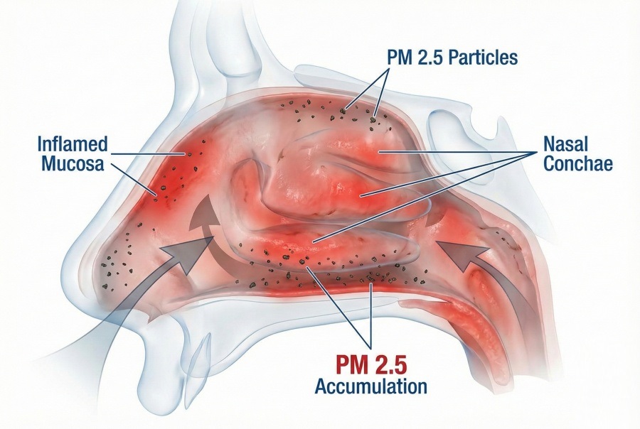 ภาพจำลองฝุ่น PM 2.5 เกาะที่เยื่อบุโพรงจมูกทำให้เกิดการอักเสบ