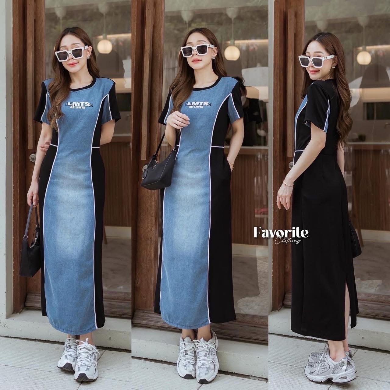 เดรสผ้ายืดแต่งยีนส์ ใส่สบาย : สินค้าคุณภาพ (พร้อมส่ง)