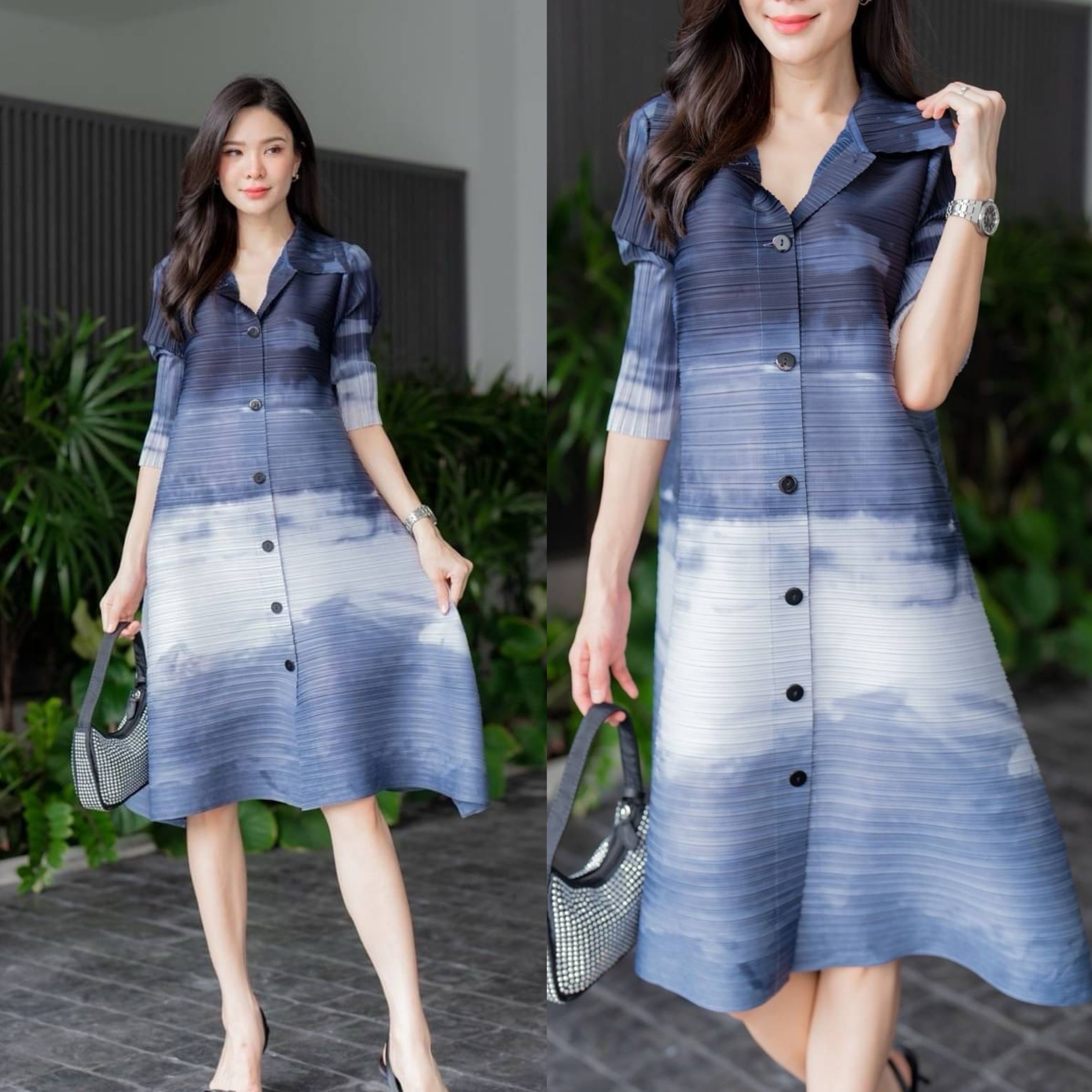 ชุดเดรส อัดพลีท คอปกเล็ก แขน 4 ส่วน แต่งกระดุมเรียงยาว ✨✨ ดีเทลแน่นๆ ด้วยลายกราฟฟิค สีสดสวยมว้ากกก ใส่สบาย : สินค้าคุณภาพ (พร้อมส่ง)