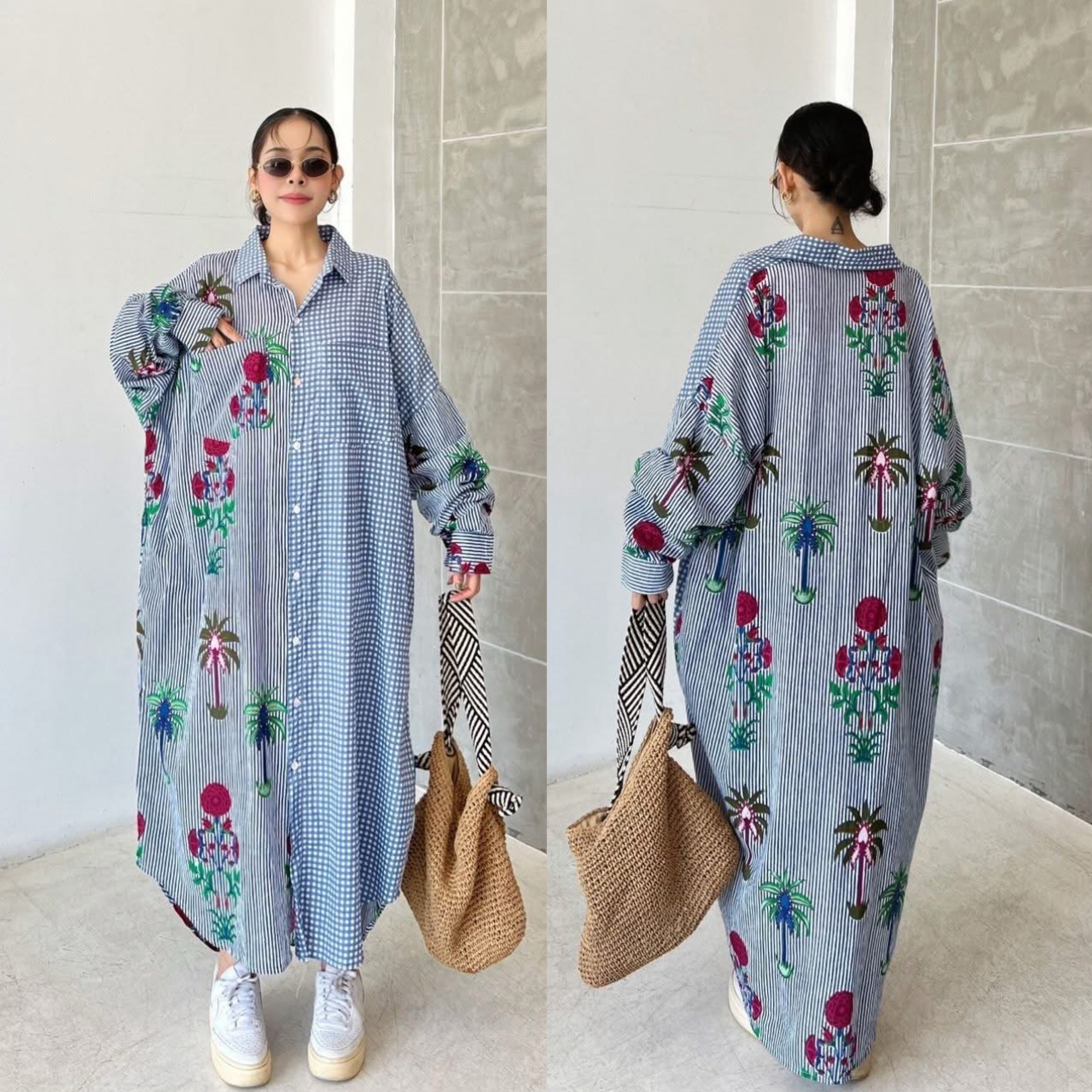 เดรสเชิ้ตผ้าคอทตอลอินเดียพิทพ์ลาย ดีไซน์เก๋ ทรงOversize กระดุมผ่าหน้า มีกระเป๋าอก(2ข้าง) หน้าสั้น~หลังยาว มีกระเป๋าล้วง ใส่สบาย : สินค้าคุณภาพ (พร้อมส่ง)