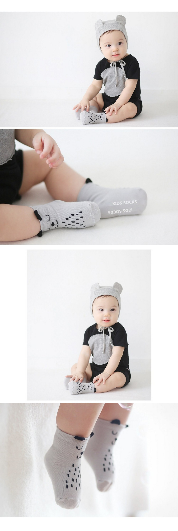 ถุงเท้าเด็กเล็ก ลายหมีสีเทา มีหูเล็กๆ ตรงขอบยางยืด สำหรับเด็ก 0-2/2-4 ปี