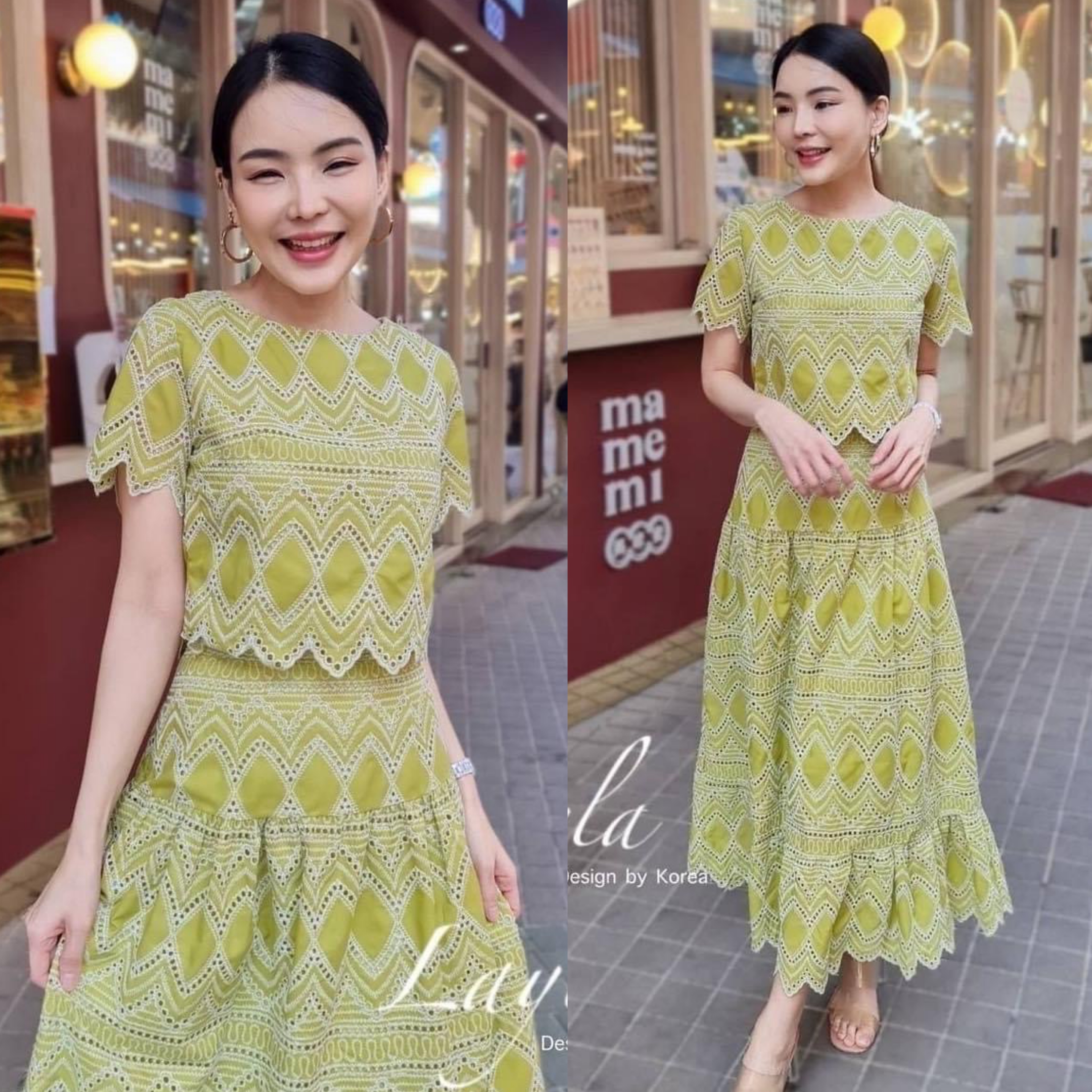 ชุดเซตผ้าปักฉลุลายเก๋ ตัวเสื้อเป็นทรงครอปชาย เชิงหยักมีซิปด้านหลัง แมทกับกระโปรงเอวสูง ใส่สบาย : สินค้าคุณภาพ (พร้อมส่ง)