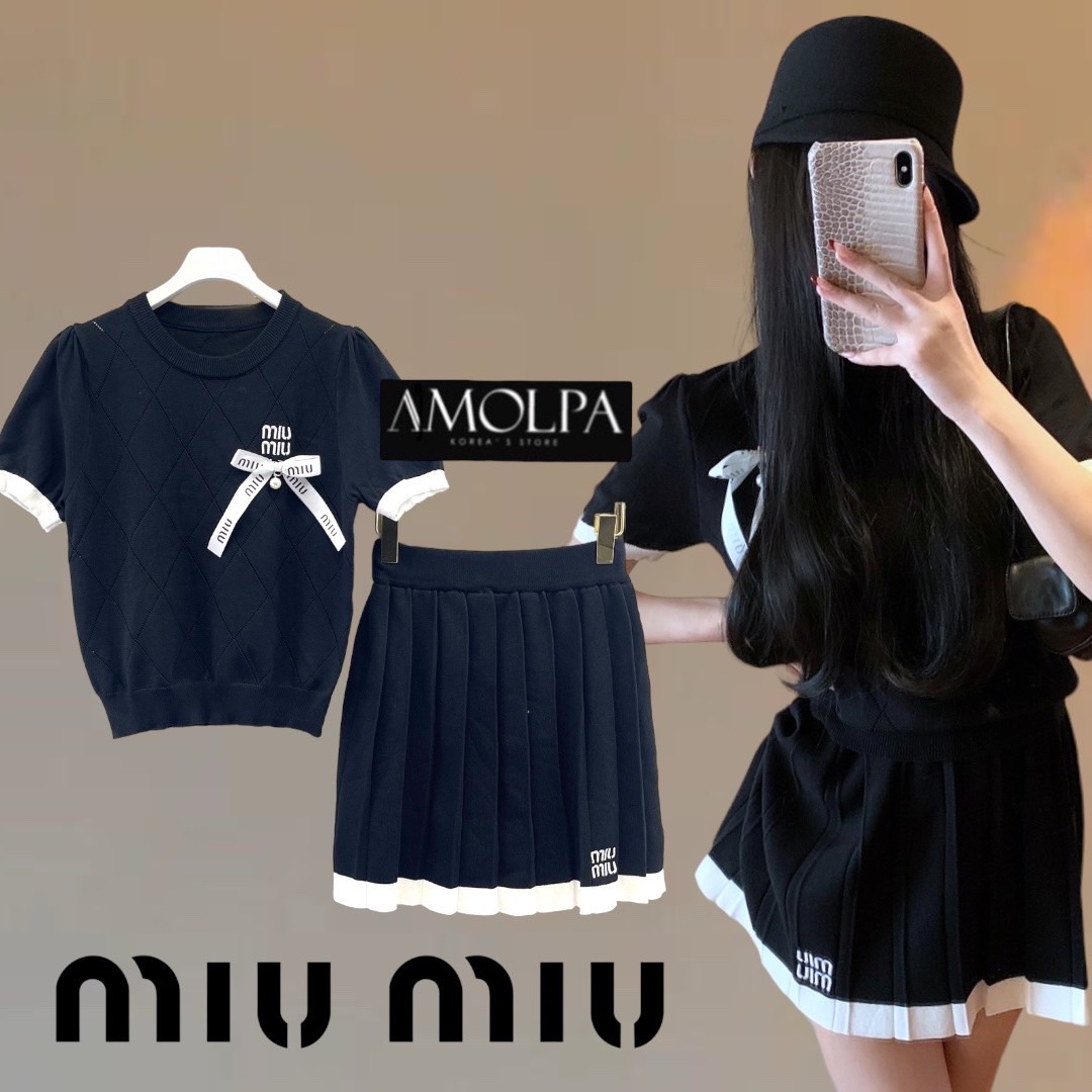 SET MIU MIU KNITT เสื้อแขนสั้น ไหมพรมสีสวย มาพร้อมกระโปรงจีบรอบ จัดดด่วน งานสวย สินค้าคุณภาพ (พร้อมส่ง)