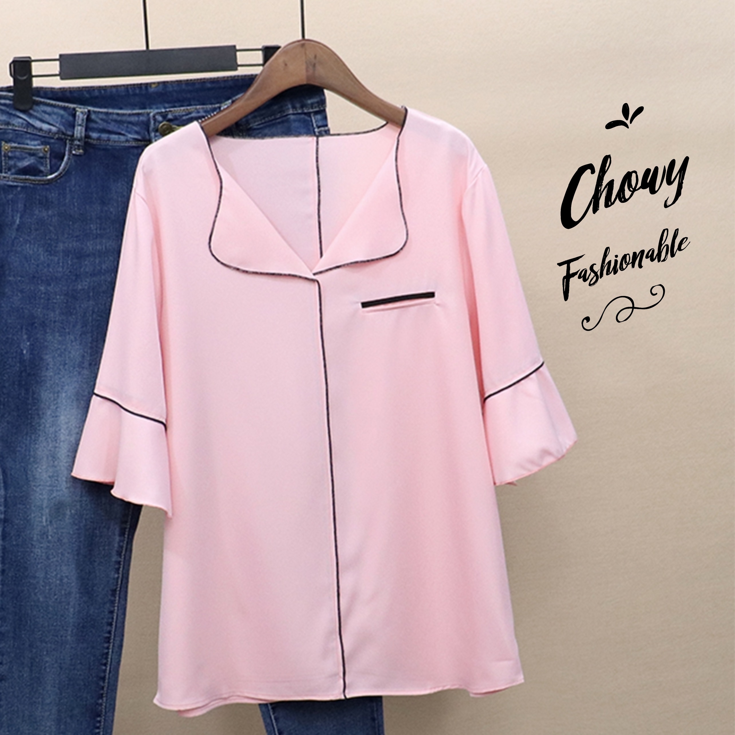 เสื้อเบลาซ์ไซส์ใหญ่ 4XL อกเสื้อ 52 นิ้ว คอวี แขนสามส่วน สีชมพู FF0260PK