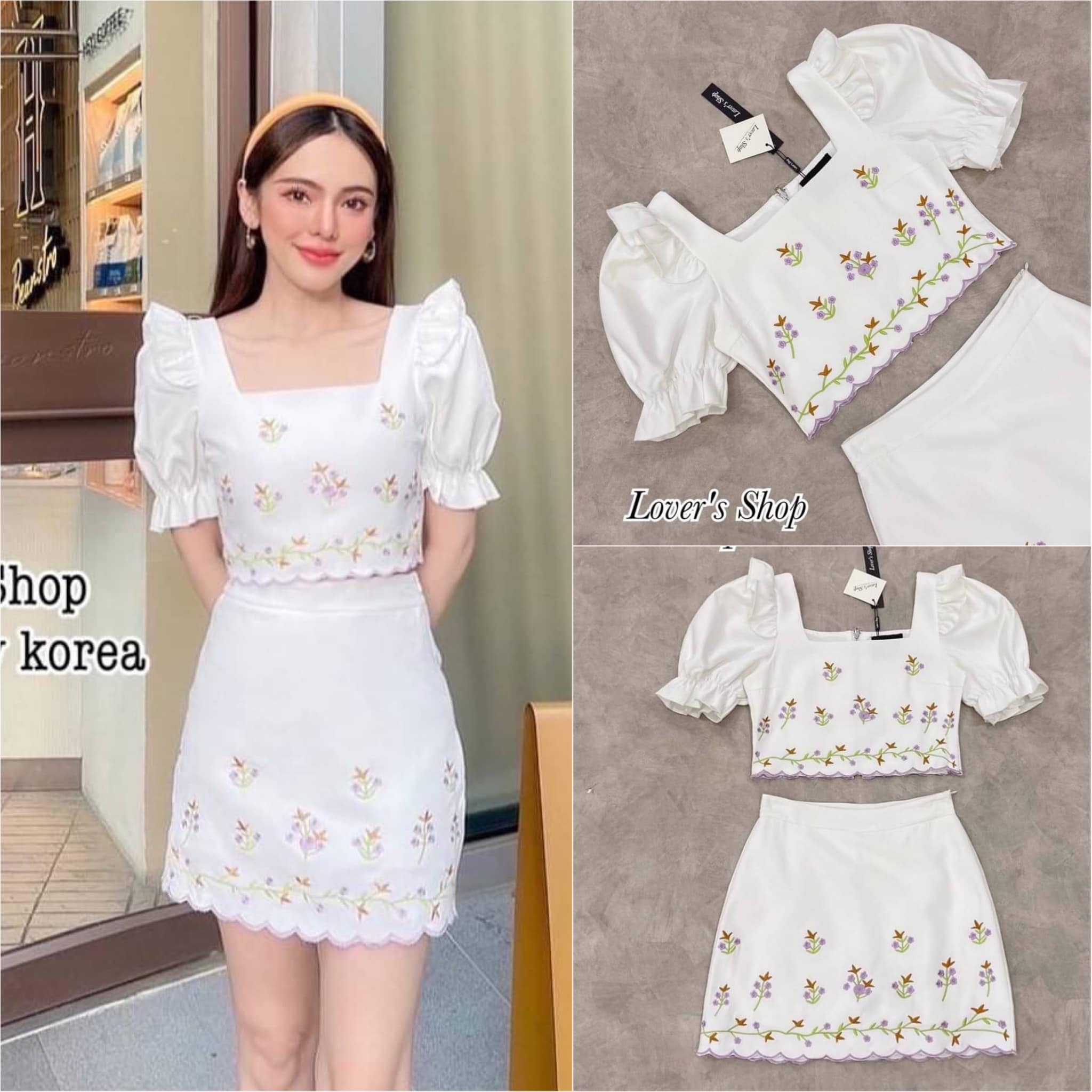 SET.ลายปัก เสื้อครอปแขนตุ๊กตา แต่งระบายช่วงบ่างานซิปหลังมาพร้อม กระโปรงด้านในเป็นกางเกง งานปัก ทั้ง2ชิ้น สามารถแยกแม็ทได้ . สินค้าคุณภาพ (พร้อมส่ง).