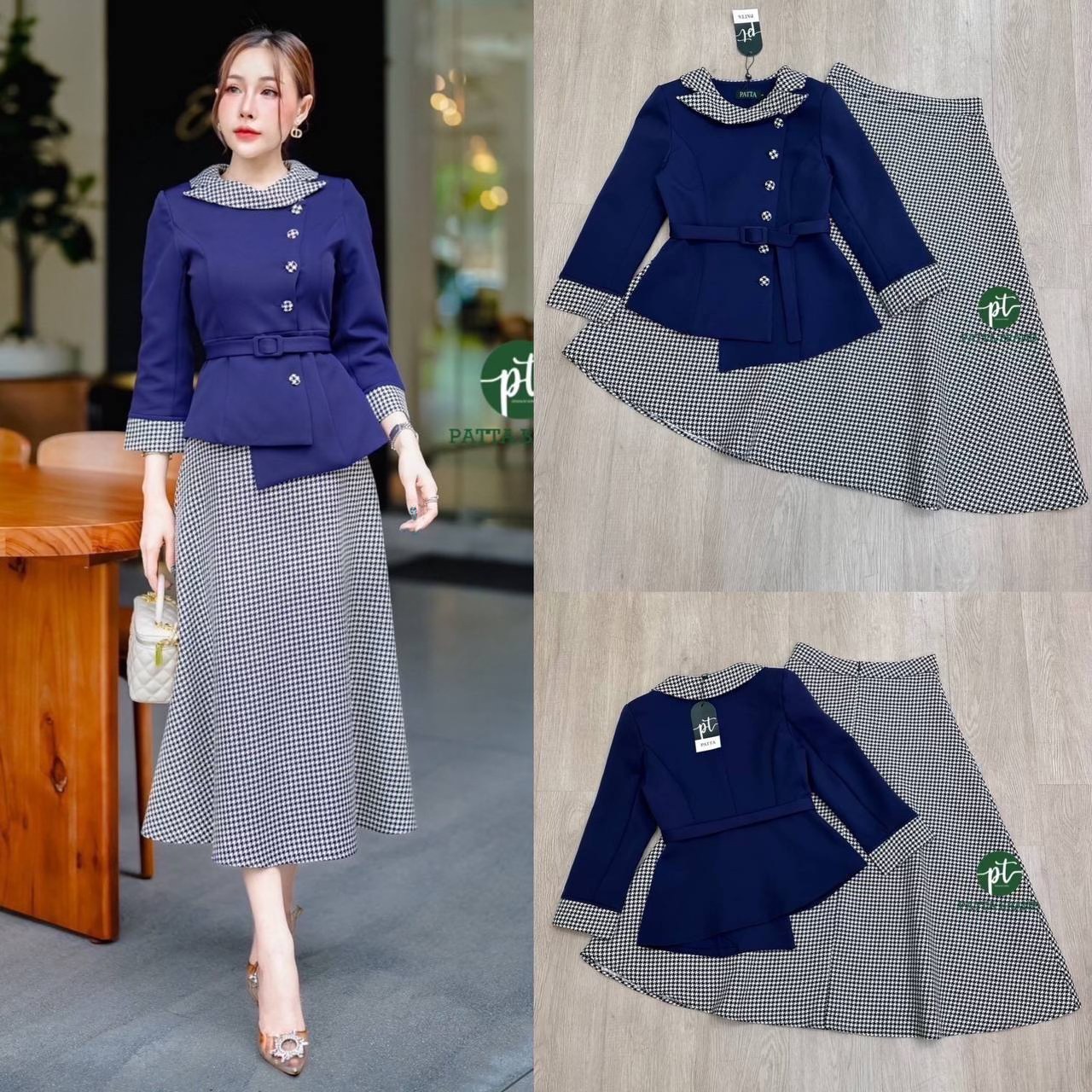 Set 2ชิ้น เสื้อตัวยาวสีน้ำเงินกรม ดีไซน์ปกไขว้ทอลายตาราง ด้านหน้าแต่งกระดุมเฉียงใช้งานได้จริงไขว้ไปด้านข้าง ชายเสื้อสั้นยาวไม่เท่ากัน มาพร้อมกับเข็มขัด คู่กระโปรงยาว ซิปด้านหลัง ใส่สบาย สินค้าคุณภาพ (พร้อมส่ง)