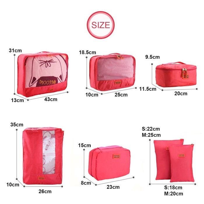 Travel Season กระเป๋าจัดระเบียบเดินทาง 7 ใบ จัดกระเป๋าเดินทาง ท่องเที่ยว ใส่เสื้อผ้า ชุดชั้นใน อุปกรณ์ห้องน้ำ กางเกงใน รองเท้า ถุงเท้า เครื่องสำอาง อุปกรณ์ไอที (Hot Pink)