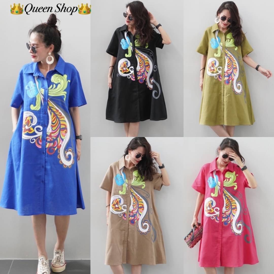 เดรสลินินแท้💯คอเซิ้ตแบบใหม่ งานสกรีนอย่างดีลายสวยสะดุดตา กระดุมผ่าหน้าสวมใส่ง่าย สินค้าคุณภาพ (พร้อมส่ง)