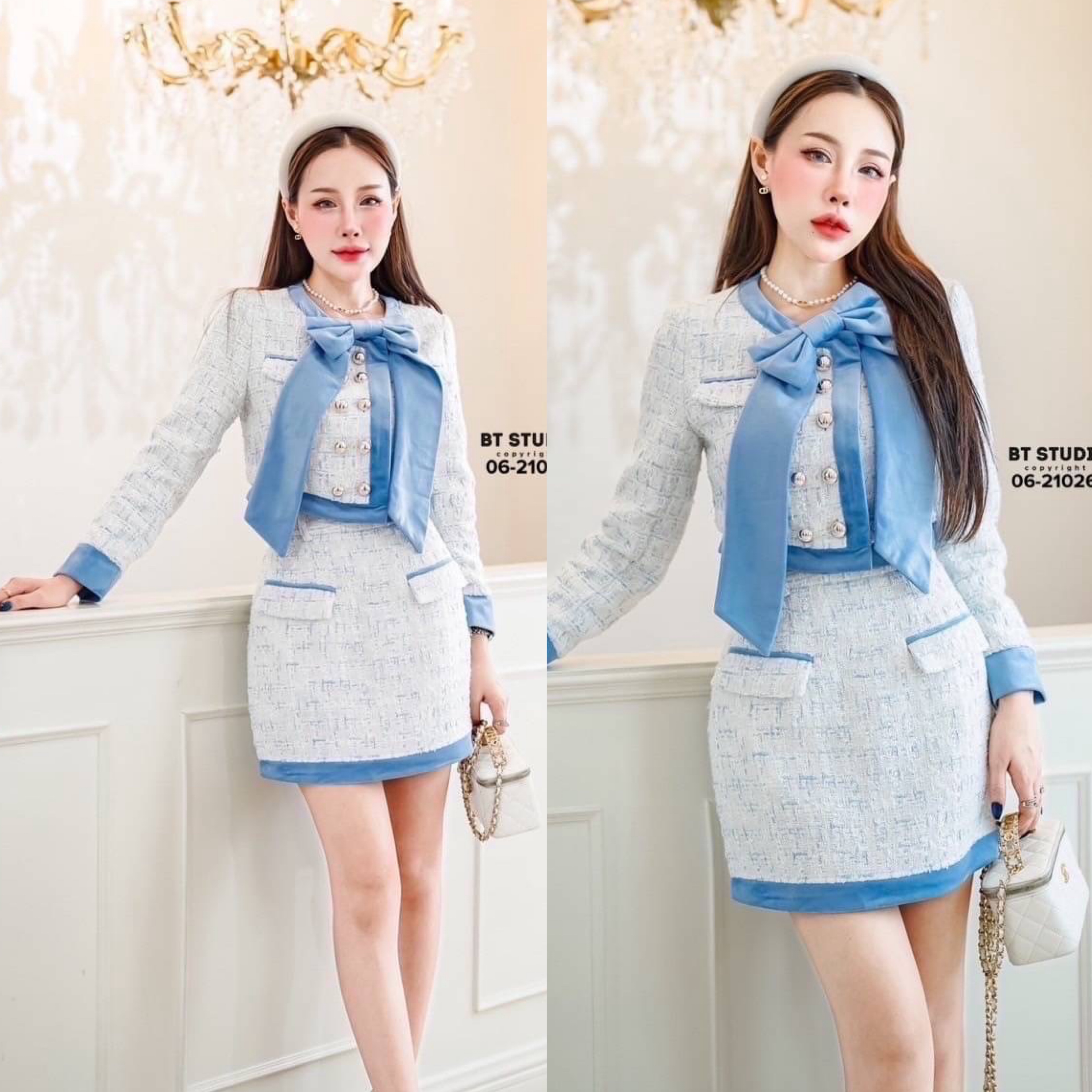 เซท 3 ชิ้น เสื้อเนื้อผ้าทวิสต์แขนยาว ผ้าลายทวิสต์ติดกระดุมหน้าแต่งกระเป๋าหลอก คอกลมปลายชายเสื้อและปลายแขนแต่งแทบกุ้น สีตัดกัน มาพร้อมริบบิ้นโบติดตรงกลาง มาพร้อม กระโปรงสั้น ใส่สบาย : สินค้าคุณภาพ (พร้อมส่ง)