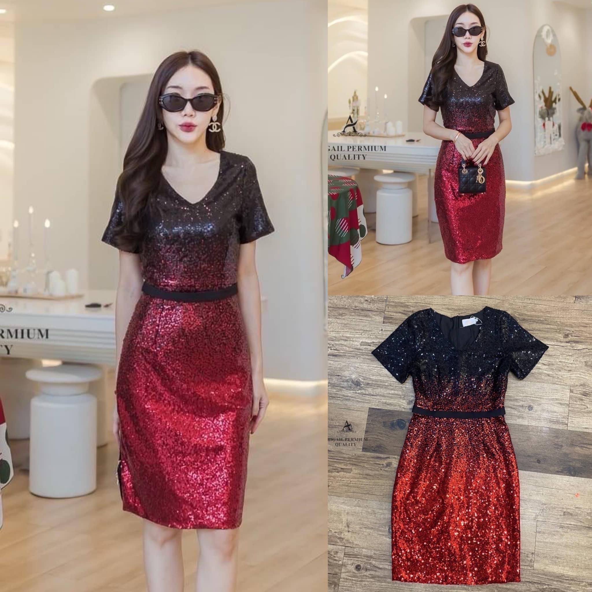 เดรสคอวีแขนสั้นตัวเดรสปักเกล็ดทูโทน แต่งคาดเอวสีดำ ใส่สบาย สินค้าคุณภาพ (พร้อมส่ง)