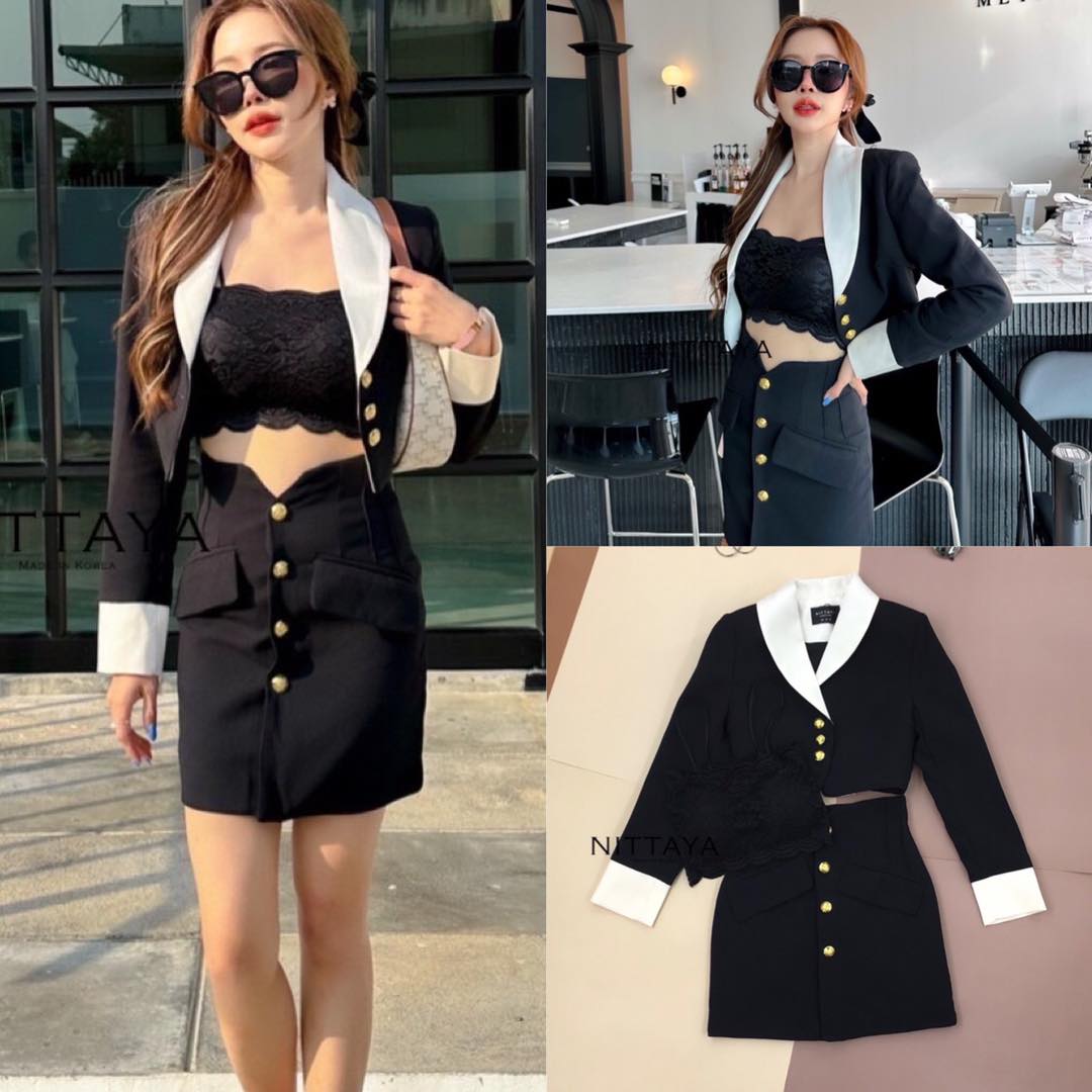 เชตสูทดำแขนยาวกระดุมทอง คอปกขาว มาพร้อมเสื้อลูกไม้ตัวใน กระโปรงทรงเอ สินค้าคุณภาพ (พร้อมส่ง)