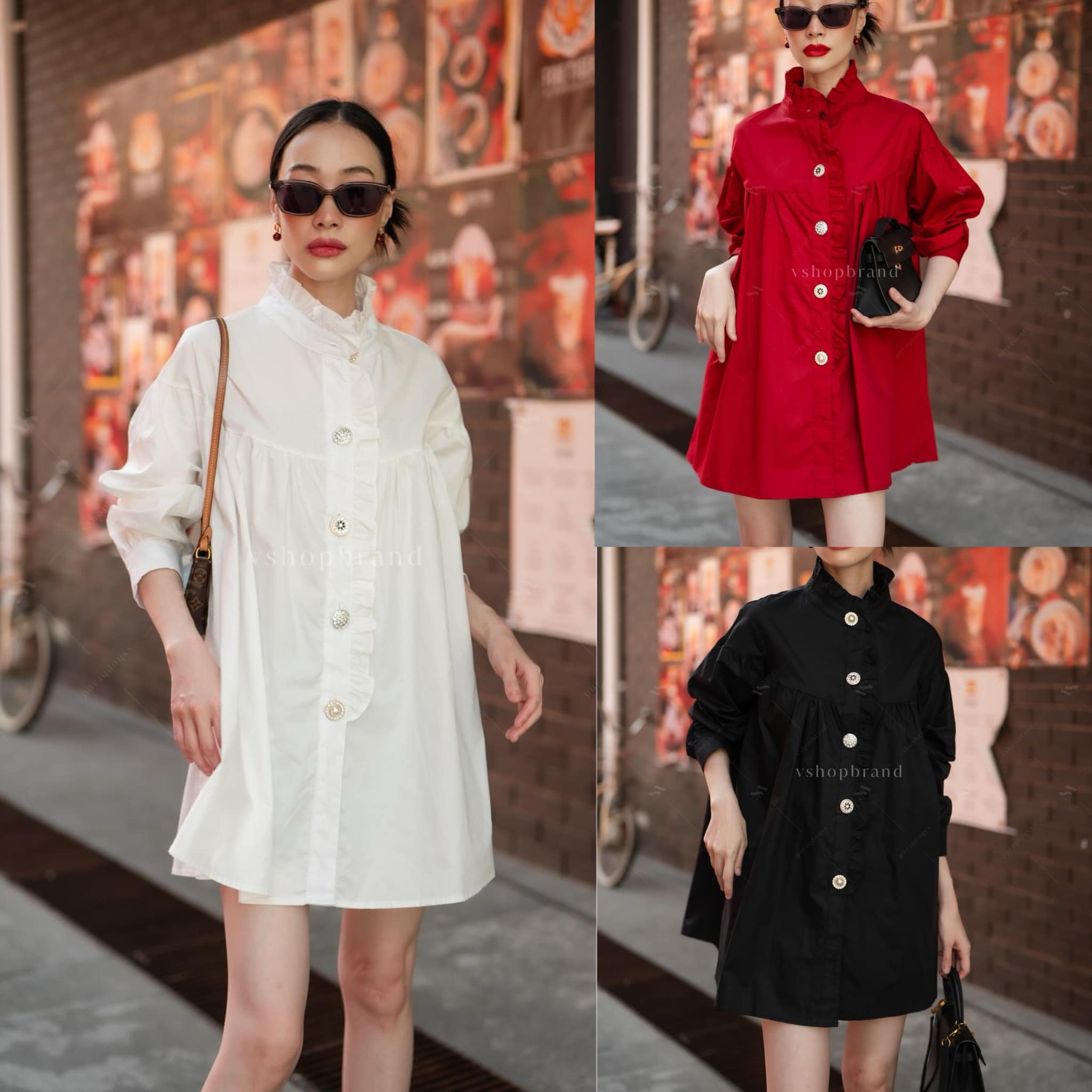 เชิ้ตคอระบายกระดุมเพชร ทรงสวย ใส่สบาย : สินค้าคุณภาพ (พร้อมส่ง)