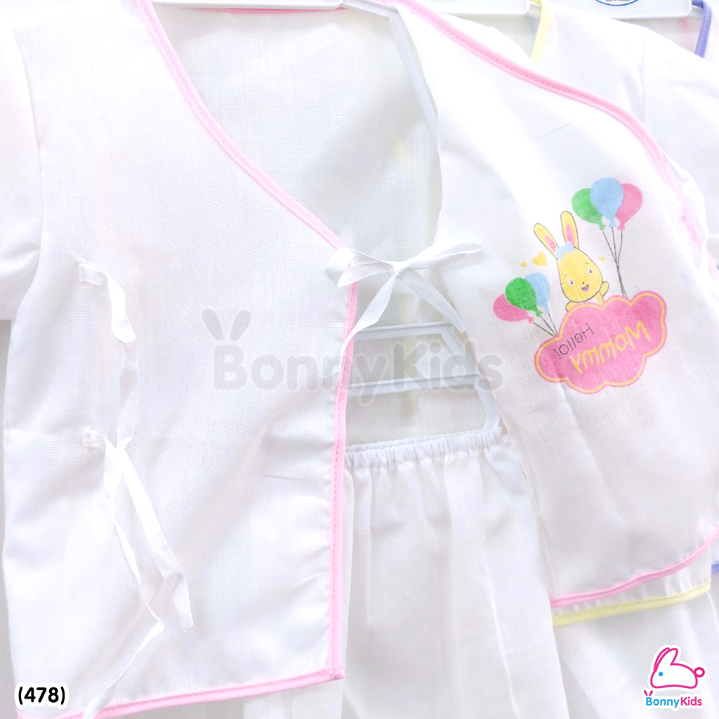 (478) ชุดเด็กแรกเกิดผูกหน้าผ้าป่าน (พื้นขาว) แพ็ค 6 ชุด