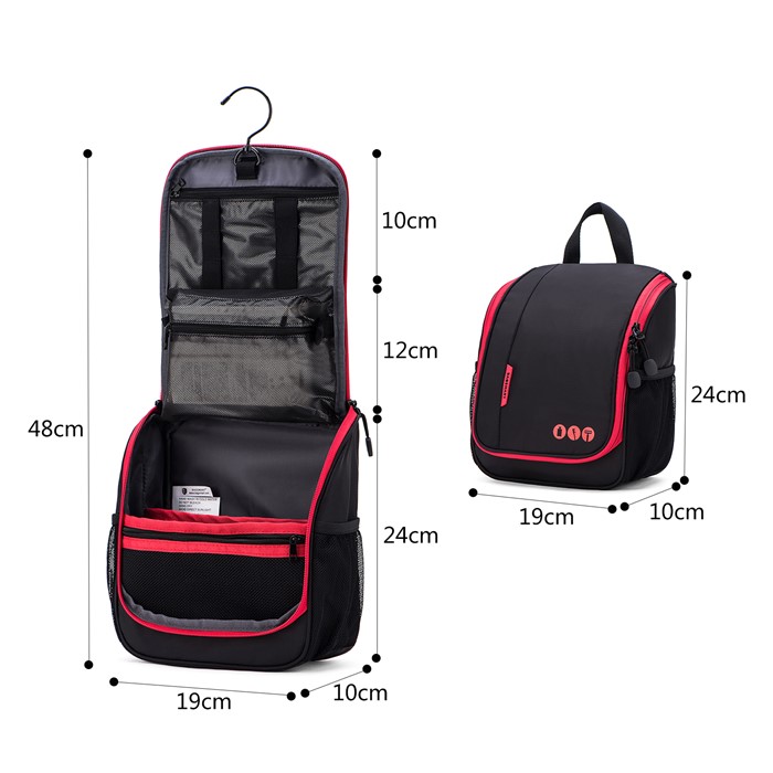 Bagsmart กระเป๋าใส่อุปกรณ์อาบน้ำ คุณภาพสูง ใส่อุปกรณ์อาบน้ำ แขวนได้ มีช่องใส่ด้านข้างสองด้าน สำหรับเดินทาง ท่องเที่ยว (Black-Red)