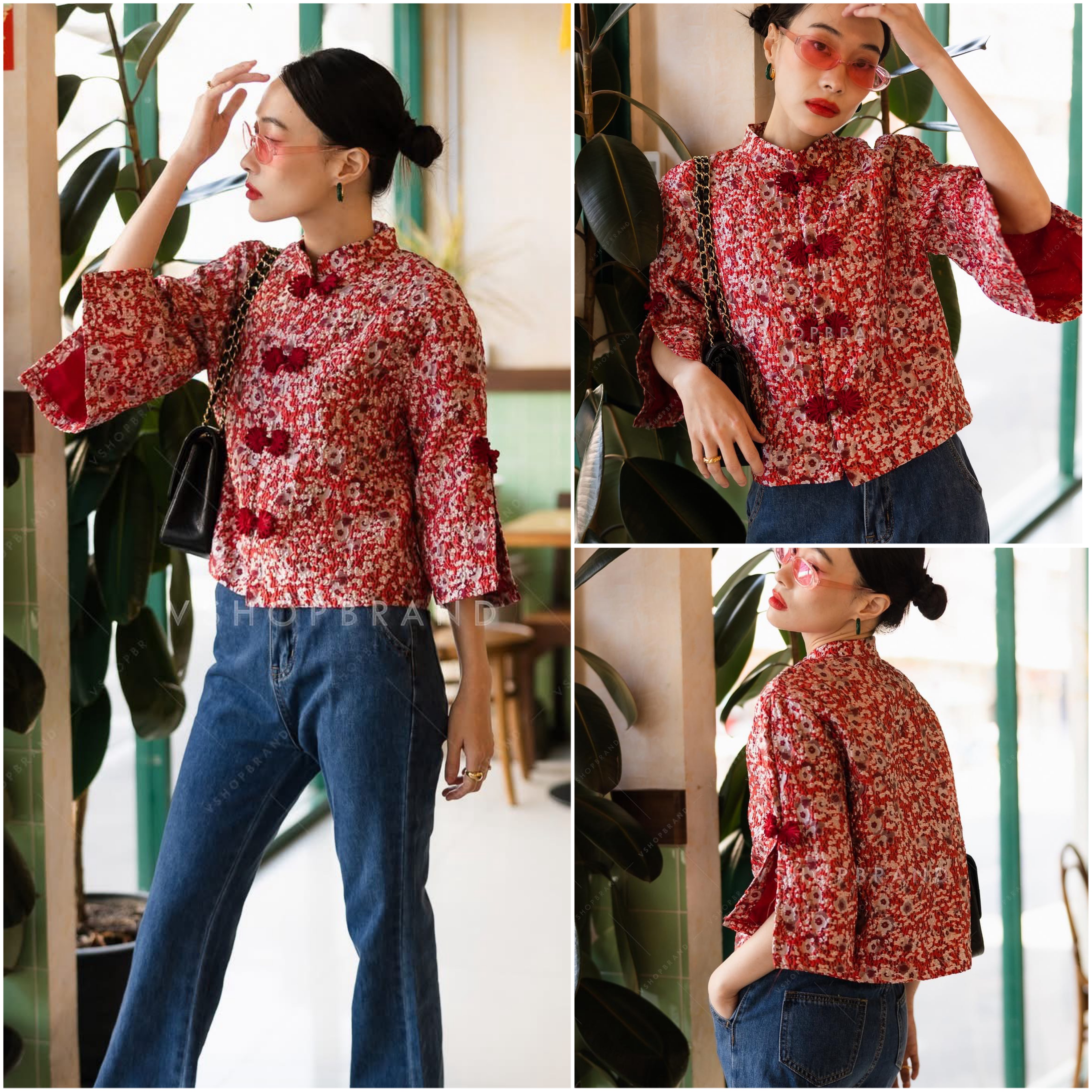 เสื้อกี้เพ้าลายดอกมินิผ้าดอกสามมิติ กระดุมด้านหน้า มีซับทั้งชุด ใส่สบาย : สินค้าคุณภาพ (พร้อมส่ง)