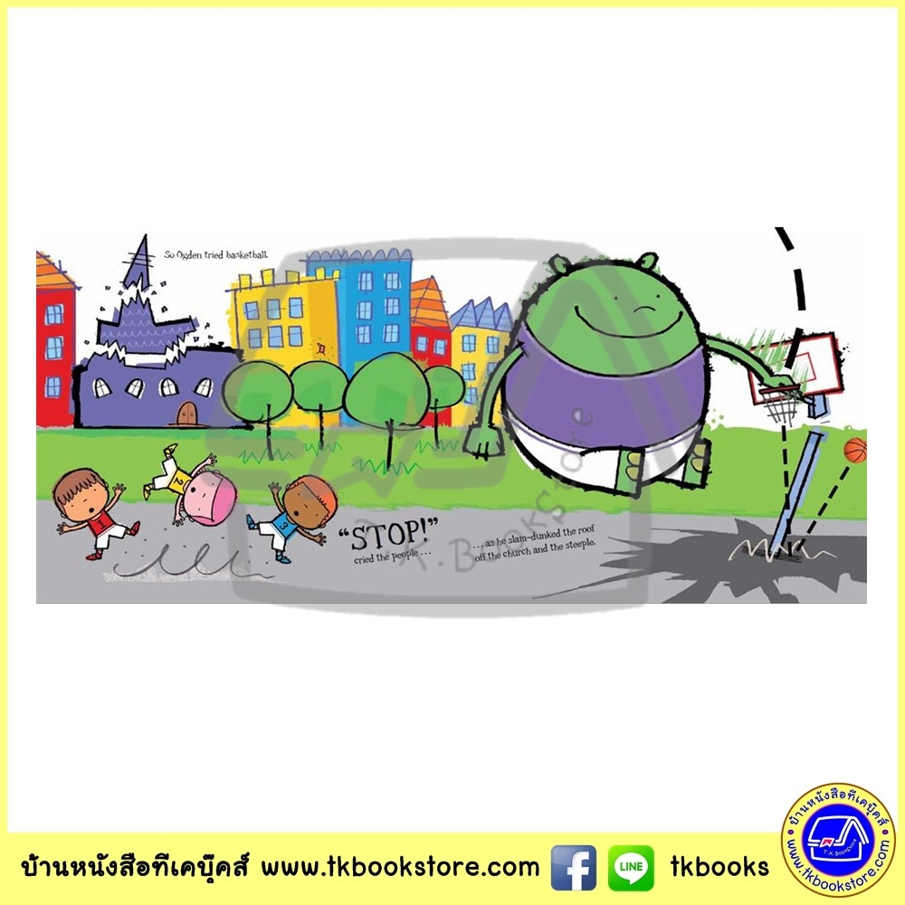 Peter Bently & Simon Rickery : The Yoga Ogre ยักษ์โยคะ หนังสือเด็ก นิทานภาพ ปกอ่อนเล่มโต ปีเตอร์ เบนท์ลี่ รางวัล The Roald Dahl Funny Prize