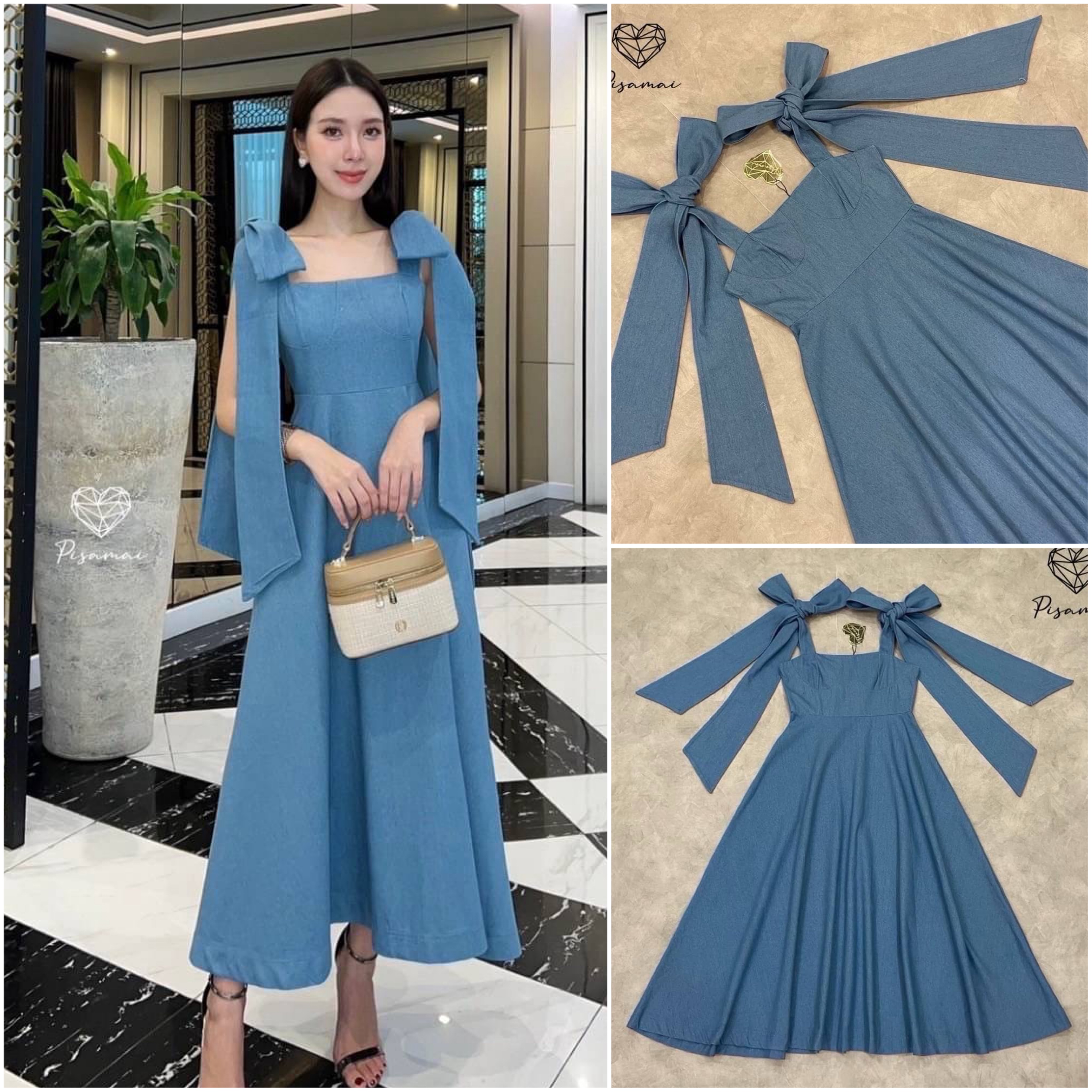 เซ็ต 3 ชิ้นเดรสแขนโบว์ยีนส์ตัวยาว ใส่สวยฟินนาเล่ สายโบว์ช่วงแขนสามารถถอดแยกได้น้า ใส่สบาย : สินค้าคุณภาพ (พร้อมส่ง)