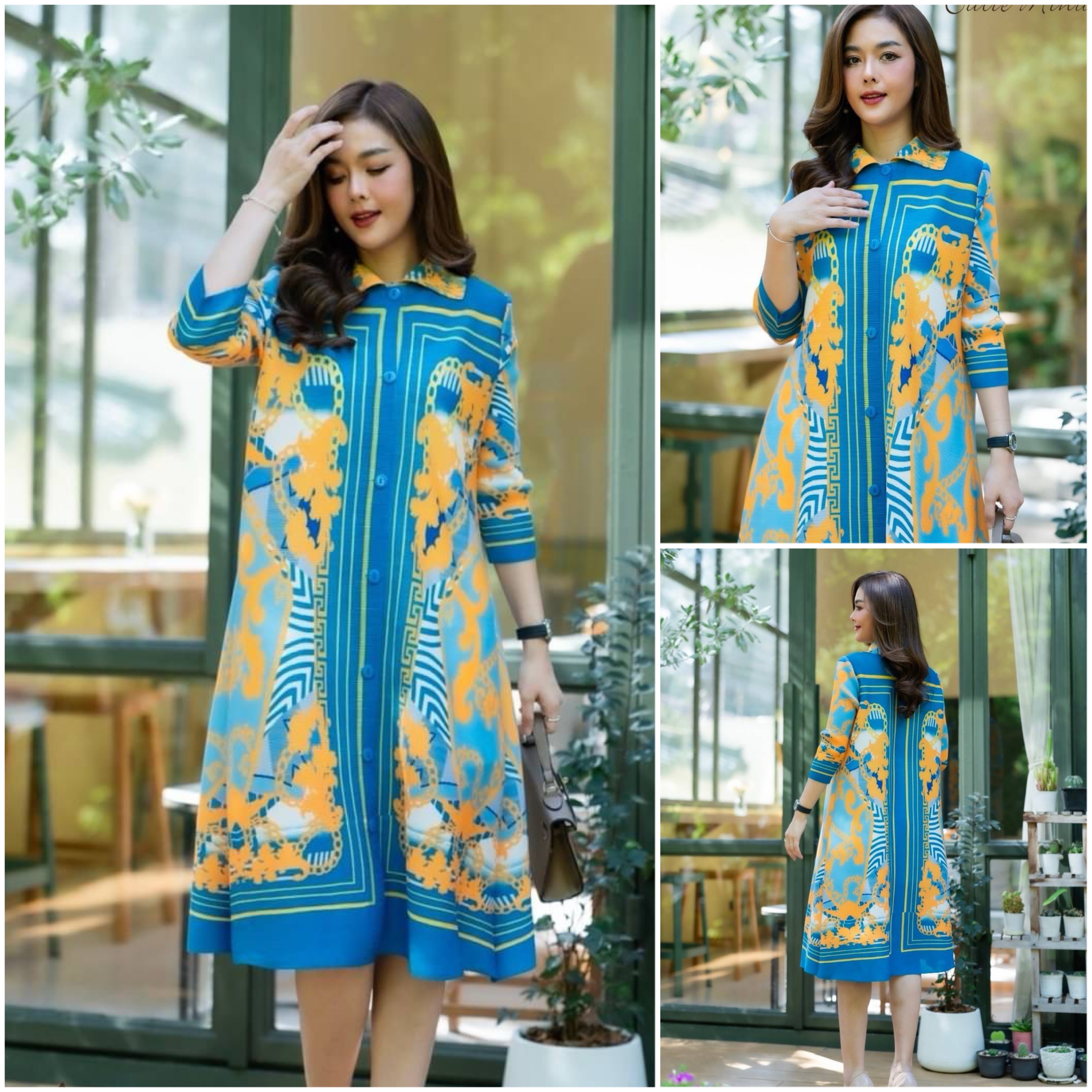 เดรสผ้าอัดพลีทลวดลายผ้าสวยงาม ตามสไตล์ แบรนด์ดัง ทำออกมาได้อย่างลงตัว ใส่สบาย : สินค้าคุณภาพ (พร้อมส่ง)