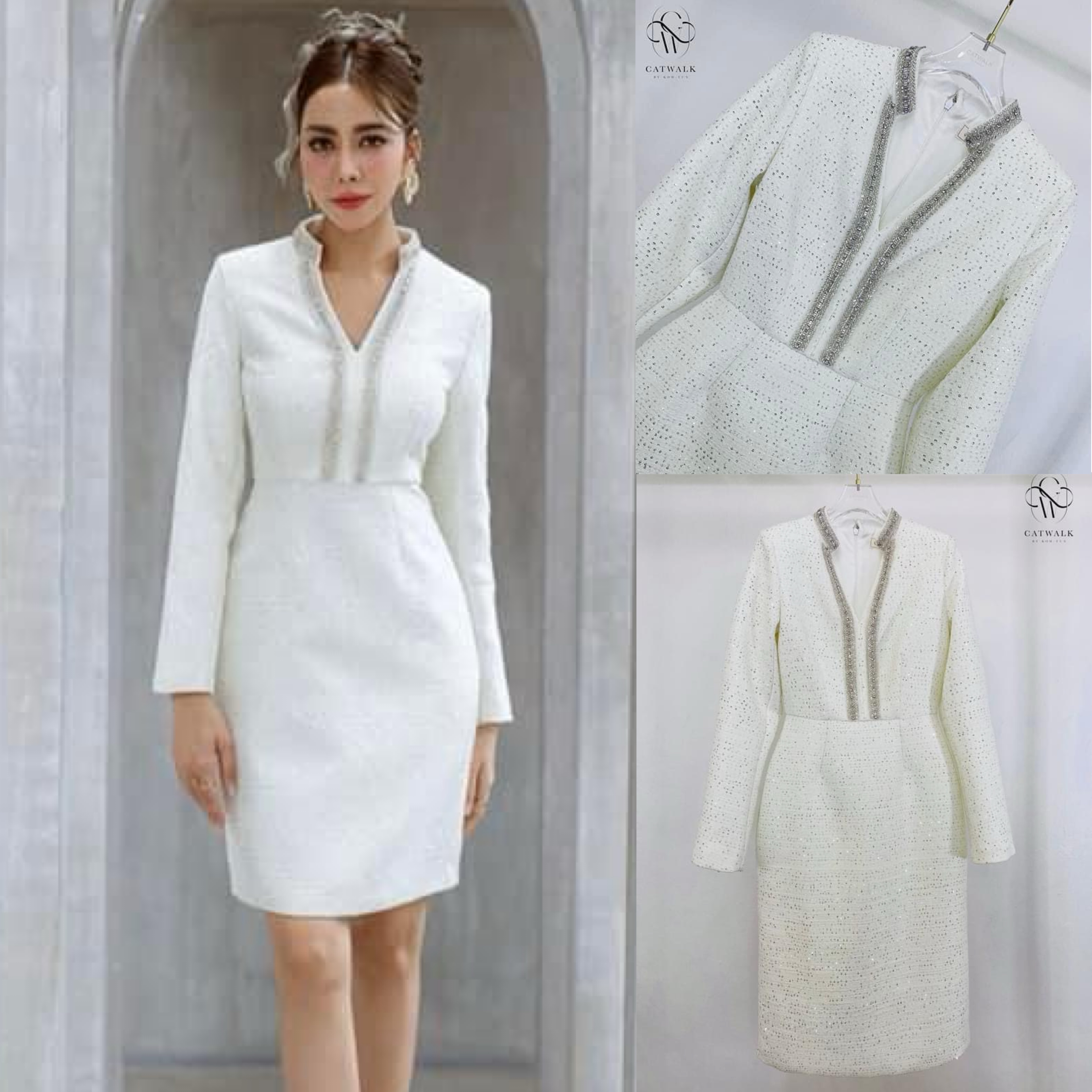 เดรสผ้าทวิต ปักเลื่อมที่เนื้อผ้าทั้งตัว ตัวชุดเป็นทรงเข้ารูป แขน ยาว กระโปรงทรงสอบ ใส่สบาย สินค้าคุณภาพ (พร้อมส่ง)