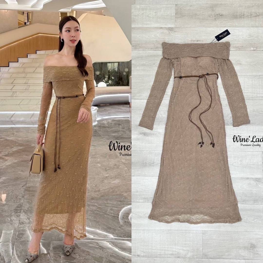 MaxiDress เดรสปาดไหล่ใช้ผ้าลูกไม้ที่มีความยืดยุ่น มีเชือกผูกเอวเข้าเซ็ท หน้าอกเสริมฟองน้ำได้ทรงมากค่ะ ผ้าดีมาก ทิ้งตัว ทรงสวยมากค่ะ เป๊ะและเข้ารูป ใส่สบาย : สินค้าคุณภาพ (พร้อมส่ง)
