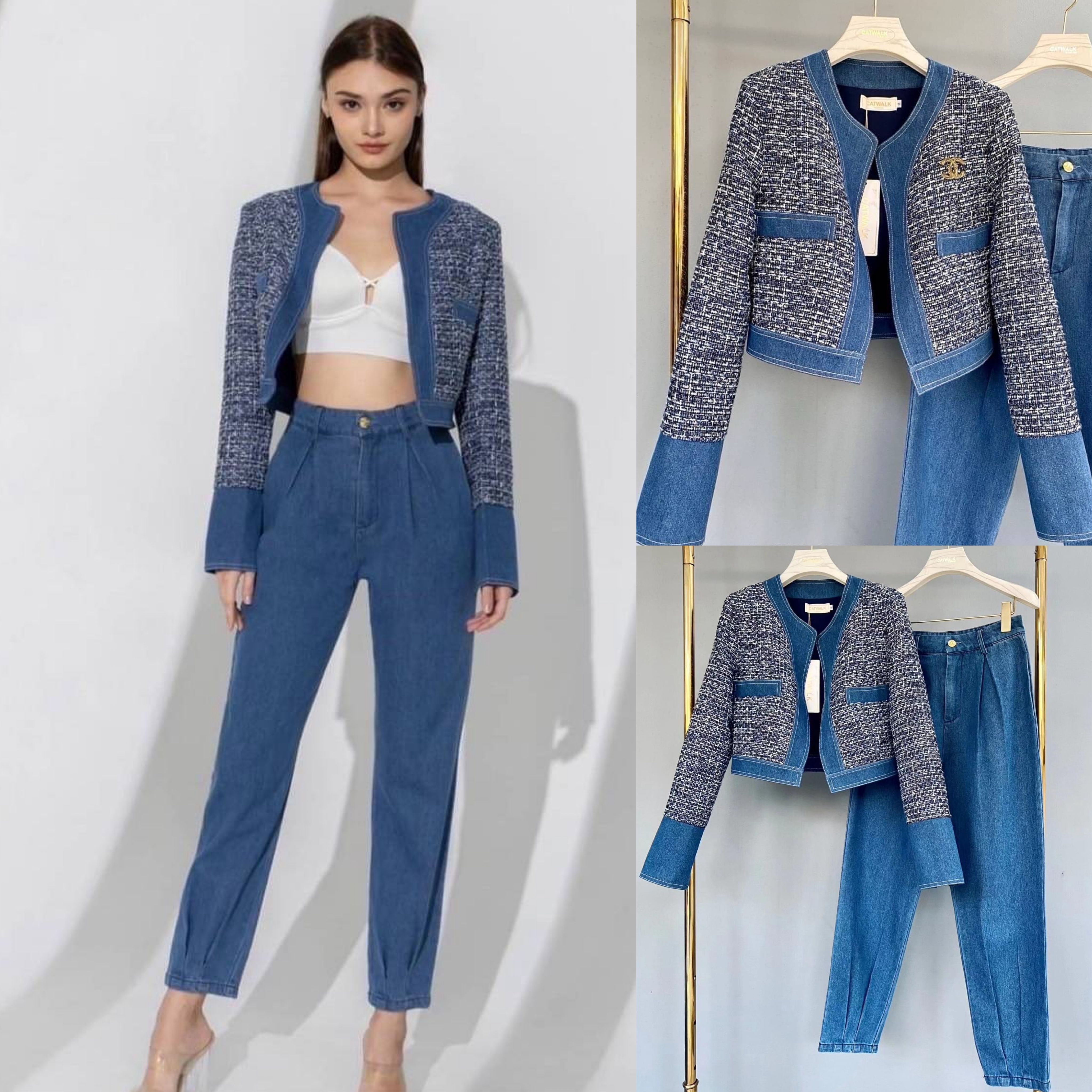 เซตแจ็คเก็ตทวิตแต่งขอบยีนส์+กางเกงขายาวทรงสวย เนื้อผ้าทวิตเกรดเอ ตัวแจ็คเก็ตเป็นทรงใส่สบายๆ งานhiend ใส่สบาย สินค้าคุณภาพ (พร้อมส่ง)