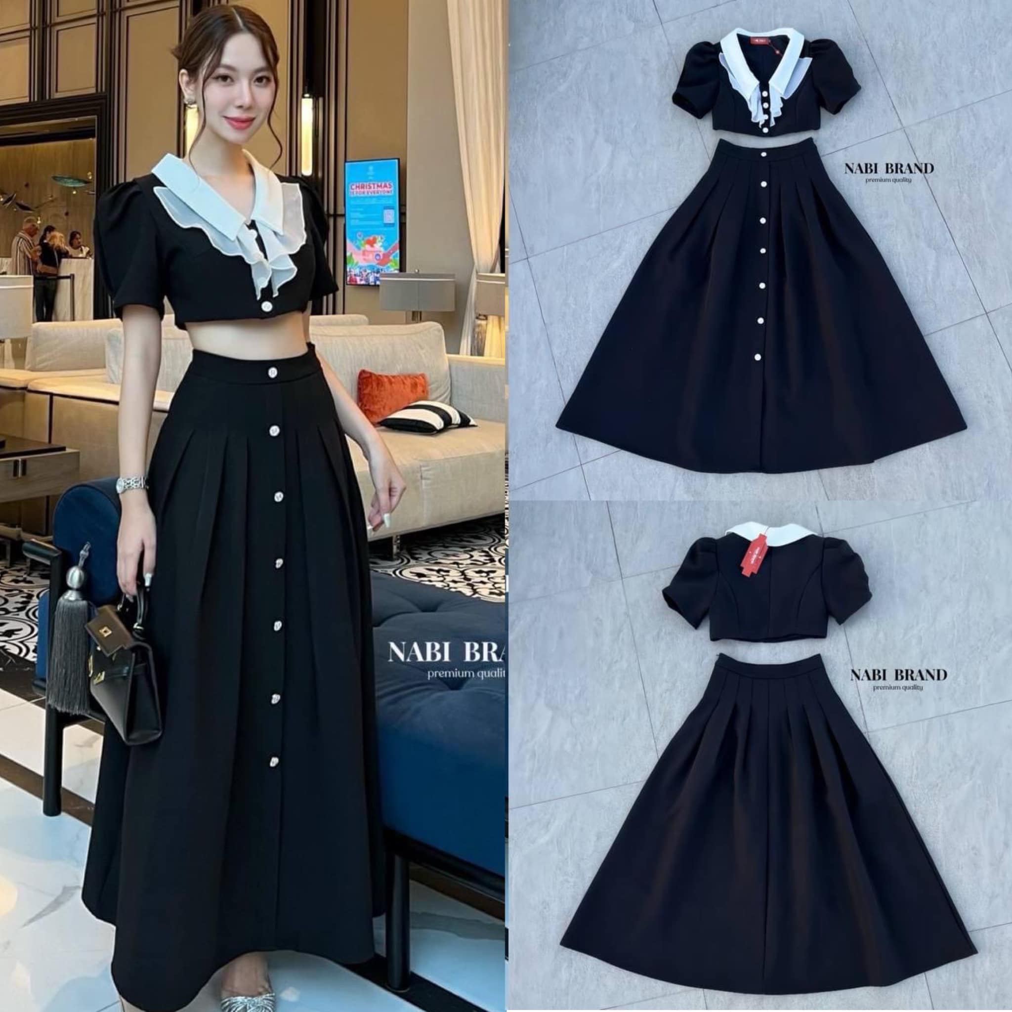 ชุดSet 2 ชิ้น เสื้อแขนสั้น+กระโปรงยาว สีดำ เสื้อดีเทลปกคอ กับกระโปรงยาวเอวสูง งานซิบข้าง ใส่สบาย สินค้าคุณภาพ (พร้อมส่ง)