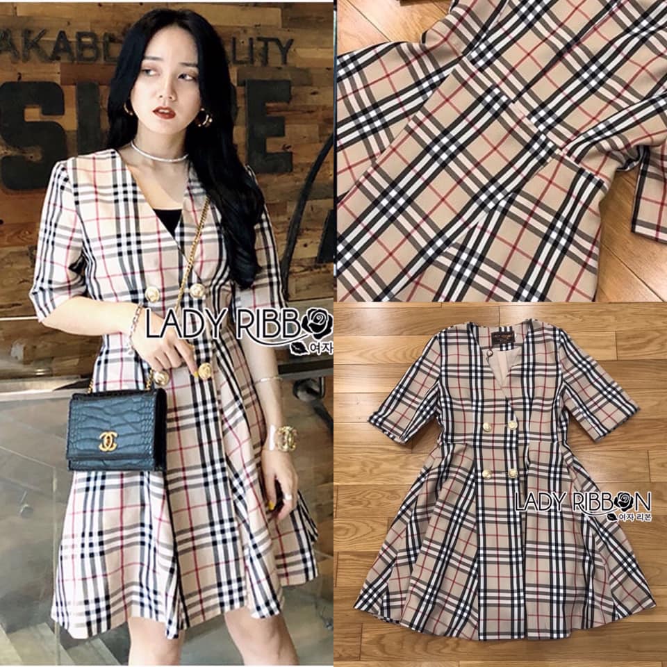 เดรสผ้าคอตตอนทอลายสก็อตตกแต่งกระดุมสองแถว สินค้าคุณภาพ (พร้อมส่ง)