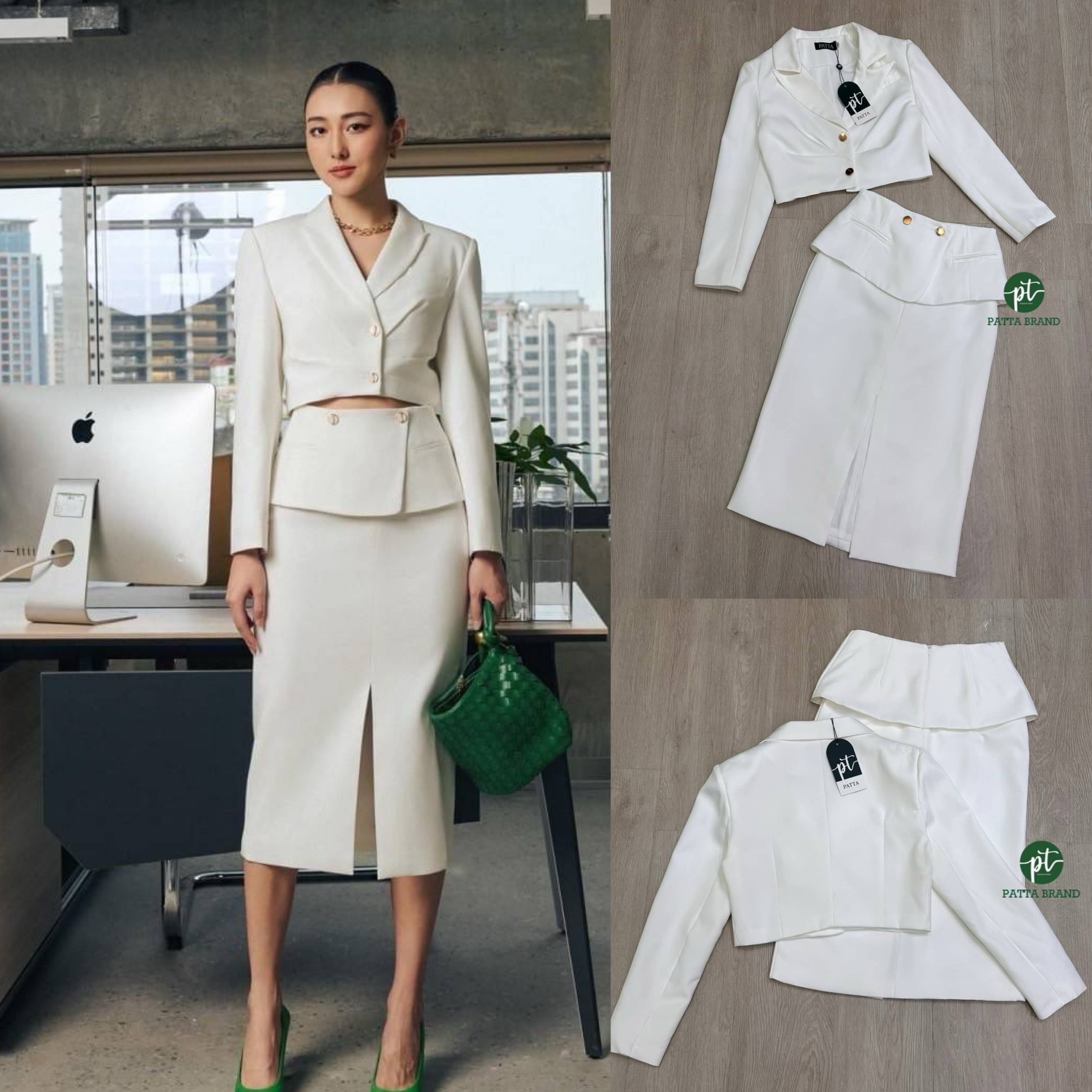 ชุดสูทสไตล์สาวออฟฟิศ เสื้อสูทครอปตัวสั้นแขนยาว +กระโปรงทรงสอบ ใส่สบาย สินค้าคุณภาพ (พร้อมส่ง)