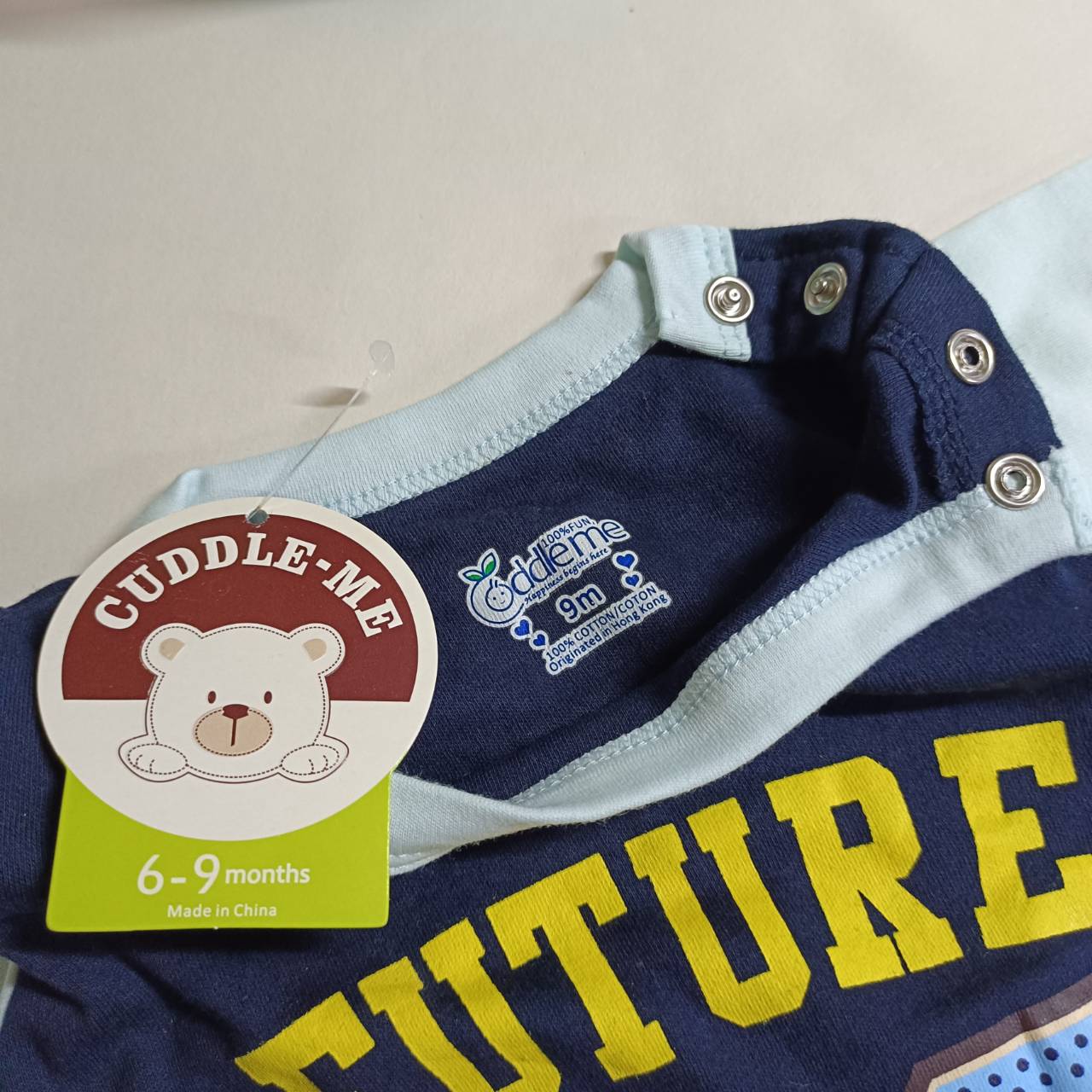 ชุดจั๊มสูทเด็ก แบรนด์แท้ Cuddle me สีกรมสลับสีฟ้าอ่อน ลายลิง Future 80 SuperStar