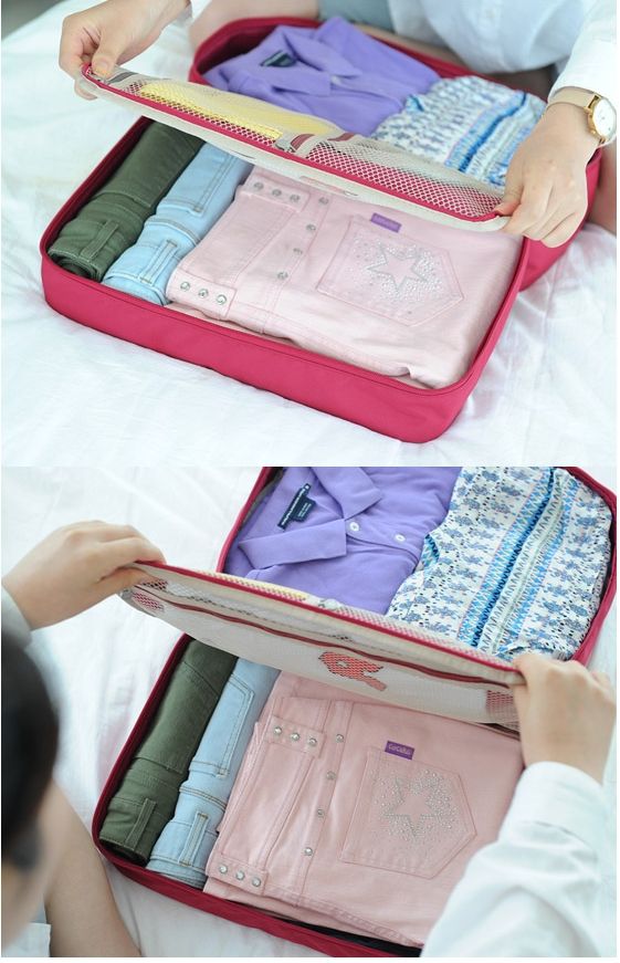 กระเป๋าจัดระเบียบเดินทาง, กระเป๋าจัดระเบียบเสื้อผ้า เสียบที่จับของกระเป๋าเดินทางได้ มีช่องใส่สองชั้นกั้นด้วยช่องตาข่าย ผลิตจากโพลีเอสเตอร์กันน้ำ