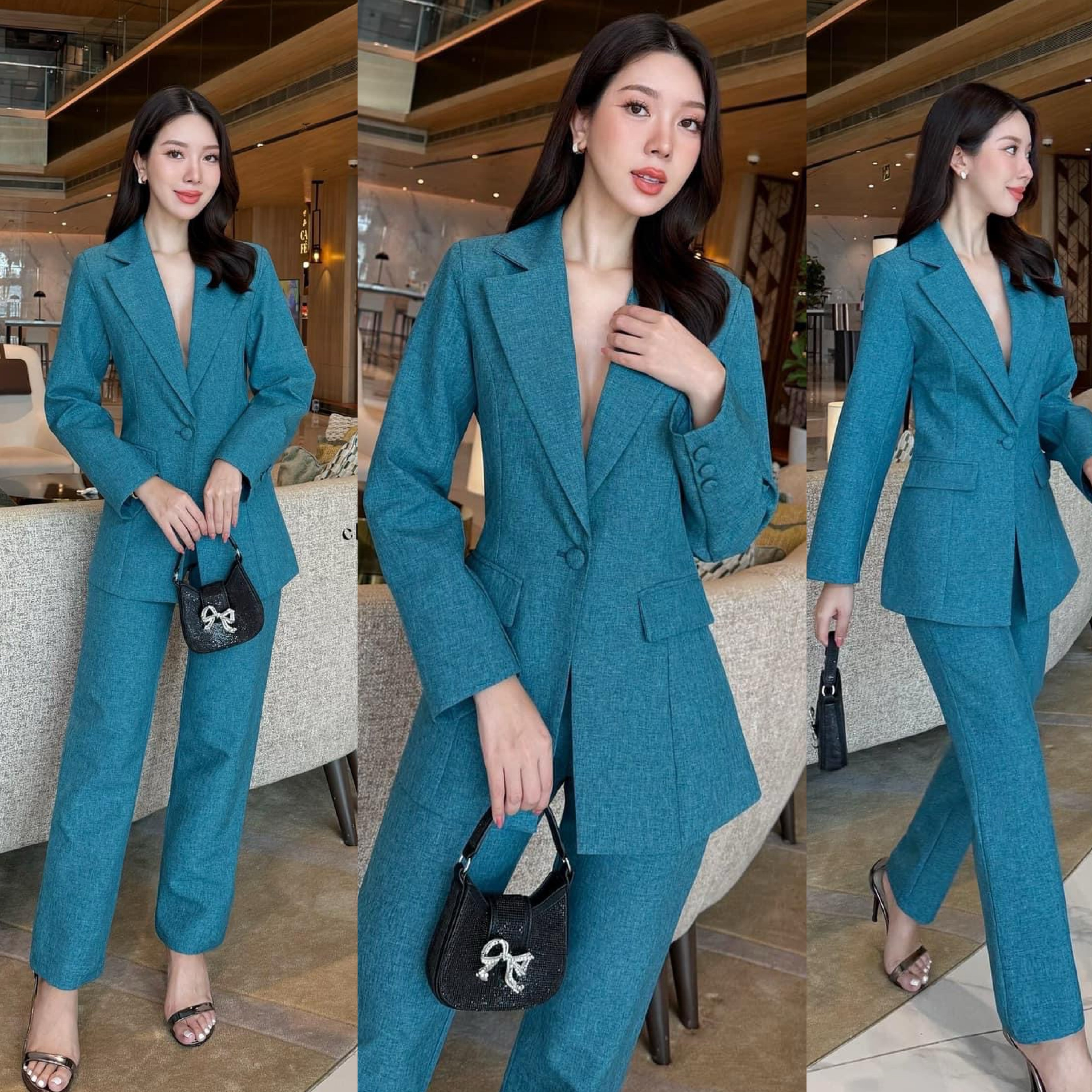 ชุดสูทเรียบหรู สวยคลาสสิค เสื้อสูทมีซับในอย่างดี แต่งกระดุมปั้มผ้าเดียวกับสีชุด +กางเกงขายาวทรงกระบอก ล็กใส่สบายๆ ใส่สบาย : สินค้าคุณภาพ (พร้อมส่ง)