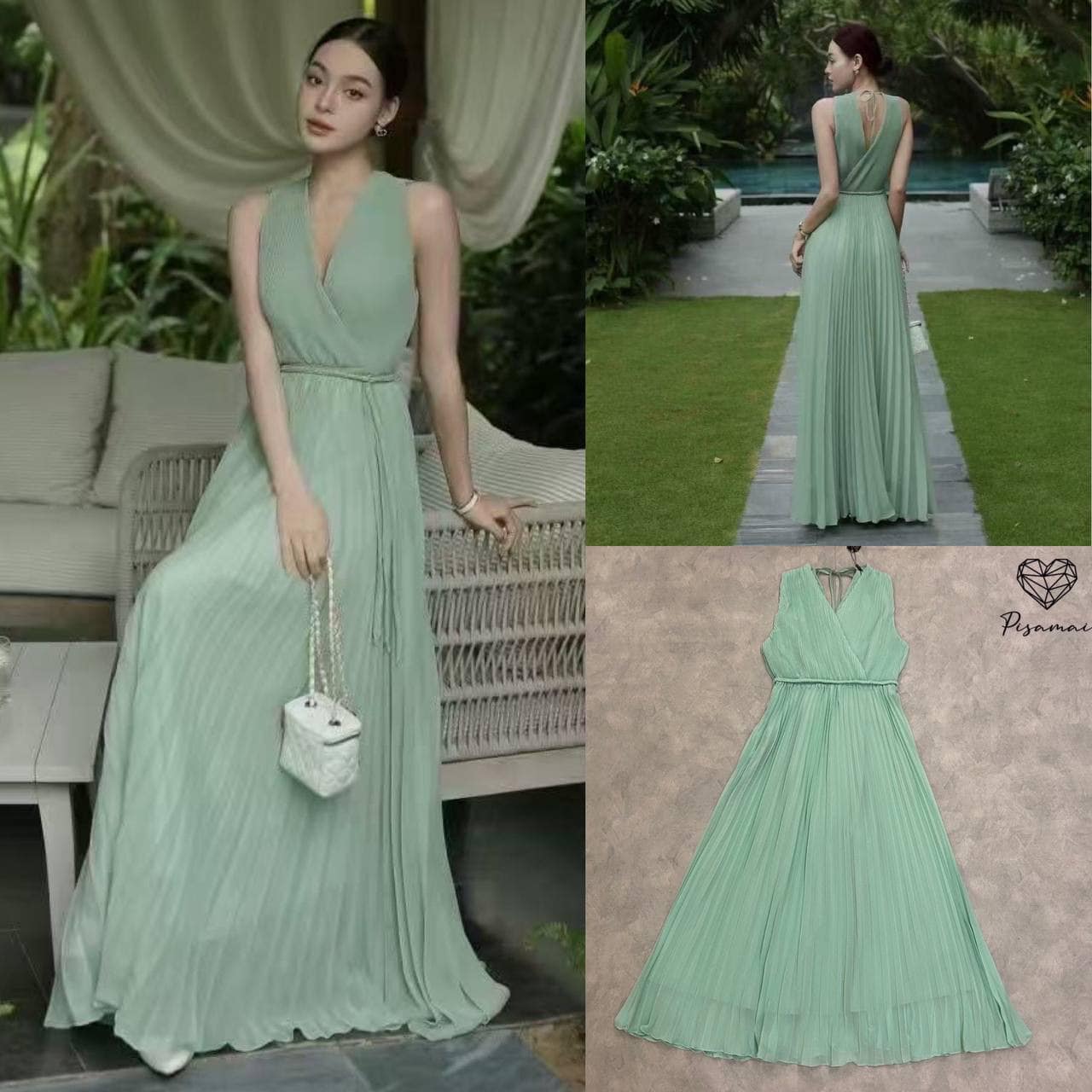 เดรสแขนกุดพลีตสีเขียวตัวยาว มาพร้อมเชือกสานผูกเอว ใส่สบาย : สินค้าคุณภาพ (พร้อมส่ง)