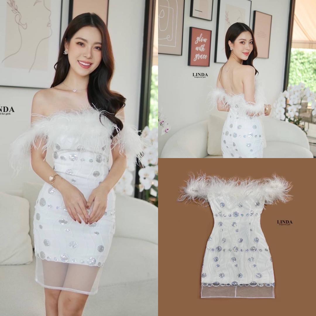 เดรสสีขาวขนนก ไม่เคยพอกับความสวยของน้องรุ่นนี้ ขนนก หนาฟู มีฟองน้ำในตัว สินค้าคุณภาพ (พร้อมส่ง)