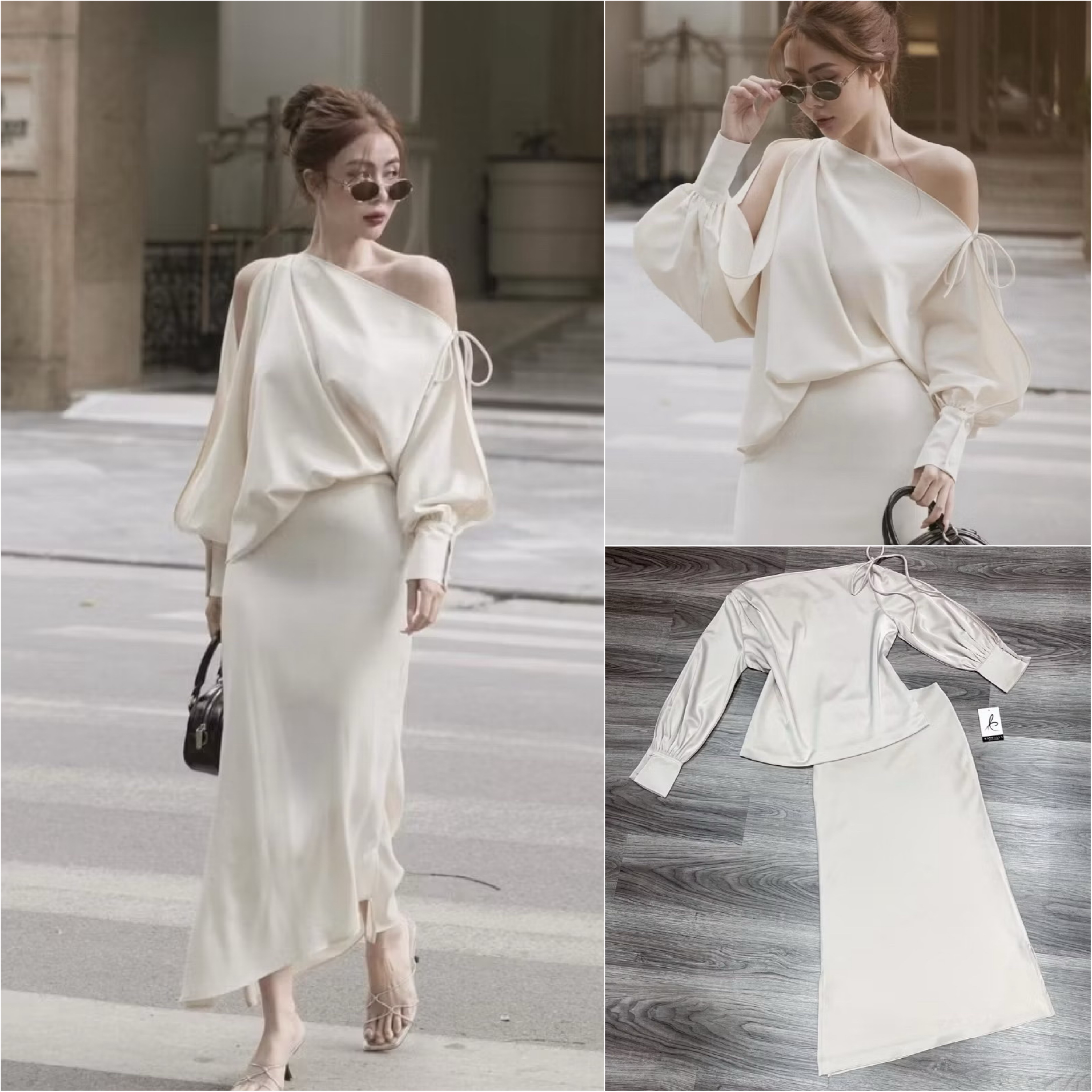 Set เสื้อแขนยาวดีไซน์ปาดไหล่ตกหนึ่งข้างแต่งผูกโบว์เก๋ๆ แขนผ่าตรงกลางทั้งสองข้าง ทรงoversize ใส่แบบปล่อยๆ +กระโปรงยาวปลายกระโปรงแต่งทรงเฉียง ใส่สบาย : สินค้าคุณภาพ (พร้อมส่ง)