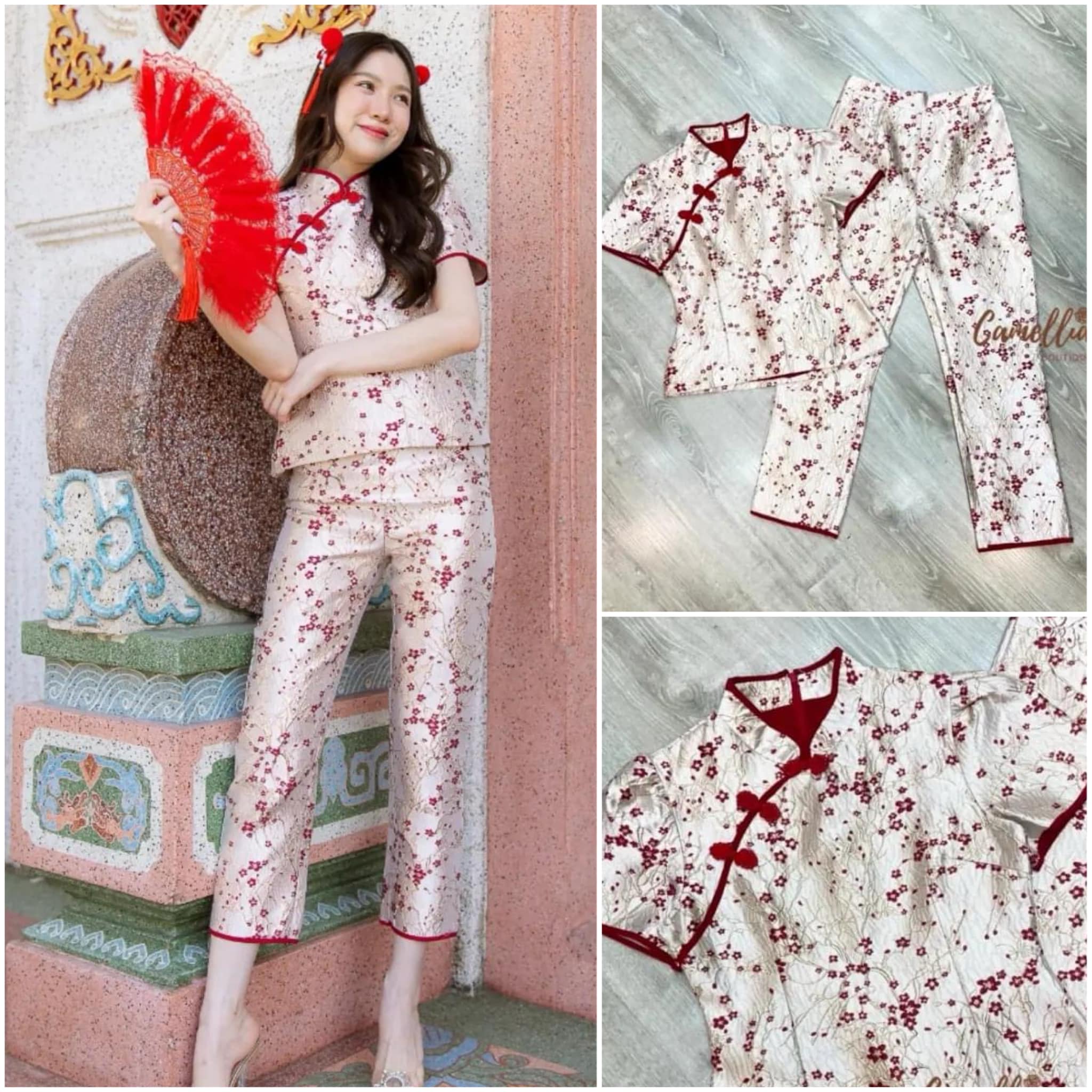 ชุดSet เสื้อคอจีนผ้าทอลายใหม่ ชายระบาย + กางเกงยาว 9 ส่วน งานสวยเป๊ะ สินค้าคุณภาพ (พร้อมส่ง)