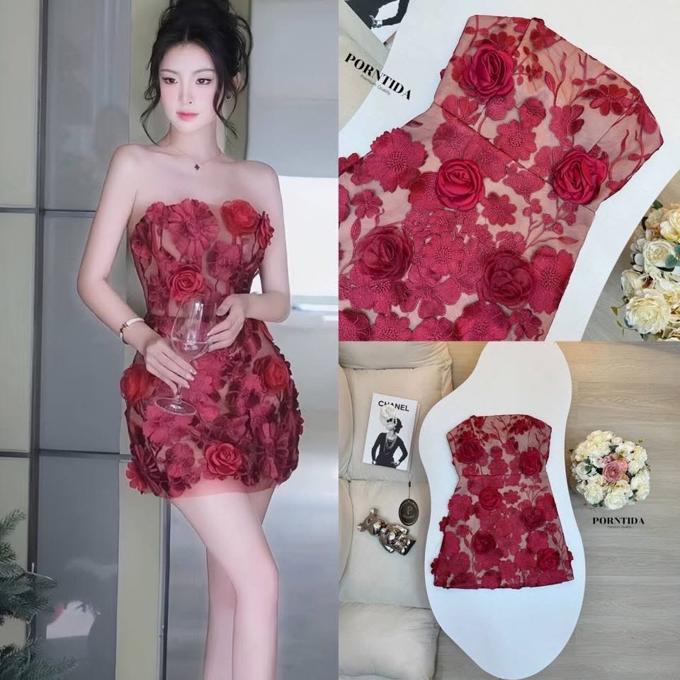 ชุด เดรส เกาะอกดอกไม้สามดีเป็นงาน detail ลูกไม้ซับในสีครีมเป็นงานซิปหลังและมีดอกกุหลาบเข็มกลัดใส่สบาย : สินค้าคุณภาพ (พร้อมส่ง)