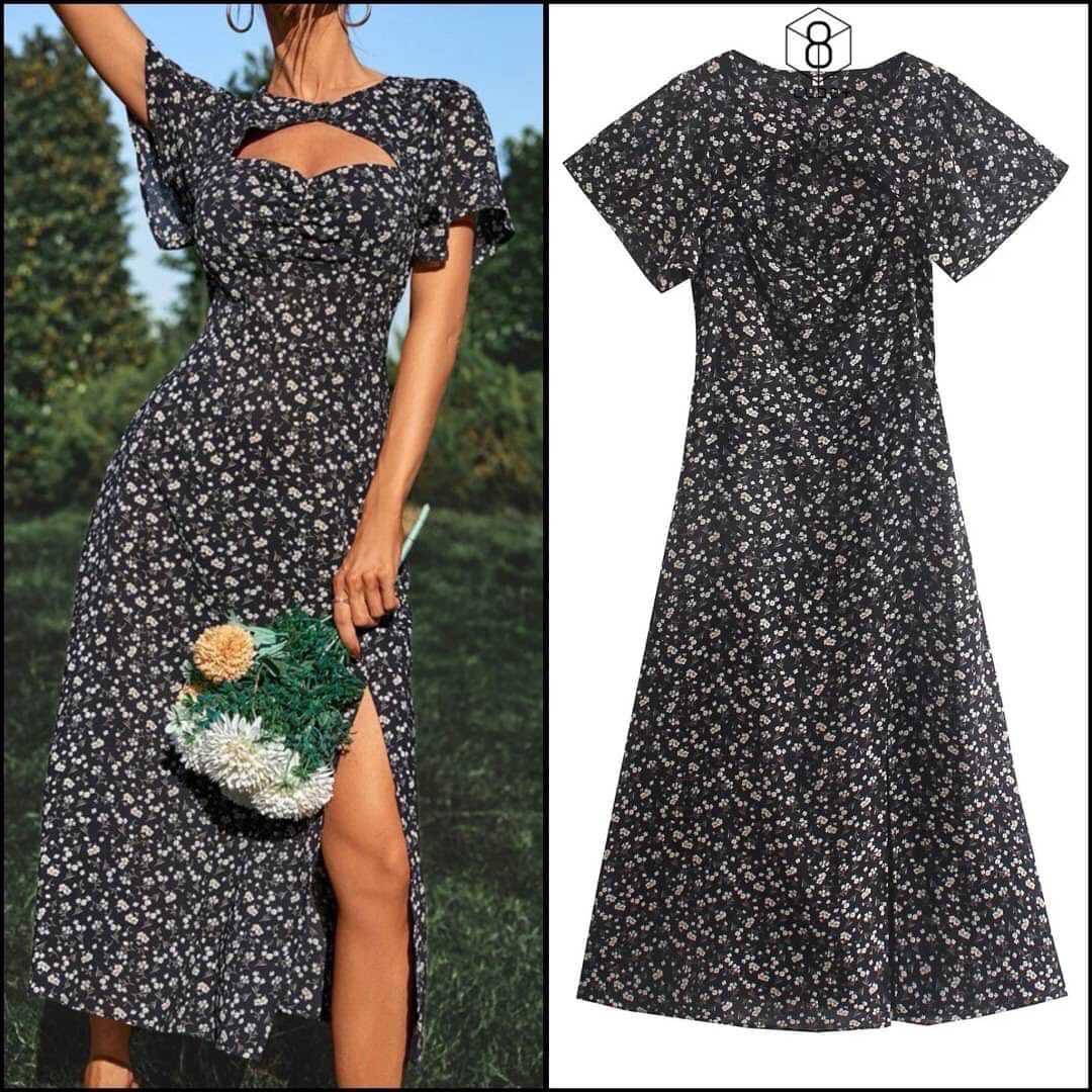 เดรสสีดำพิมพ์ลายดอกไม้เล็กๆ แพทเทินน่ารัก เก๋ๆ มีโชว์อกเล็กๆ พร้อมกระดุม 2 เม็ดหน้า สินค้าคุณภาพ (พร้อมส่ง)