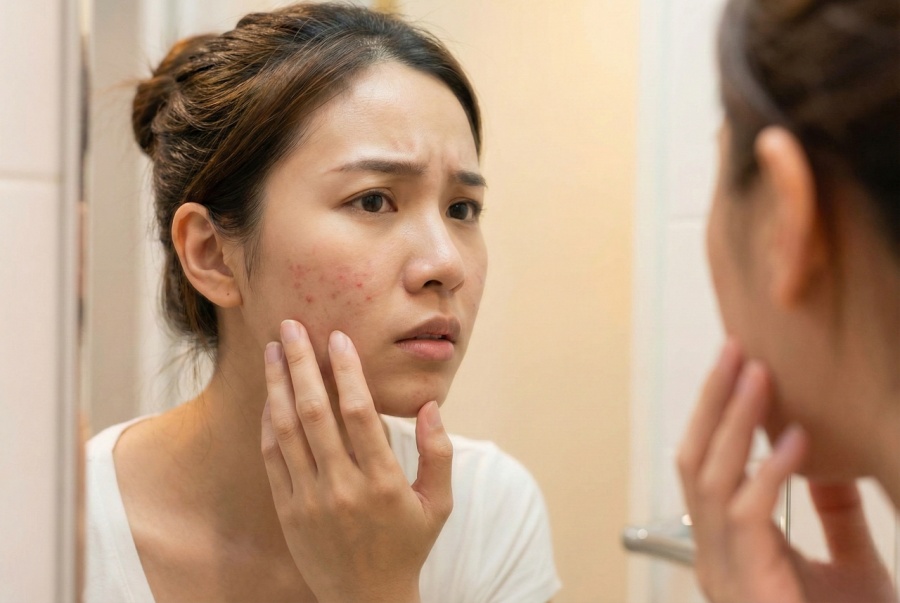 หญิงสาวส่องกระจกด้วยความกังวล พบผดผื่นและสิวบนใบหน้าจากการแพ้ฝุ่นละออง
