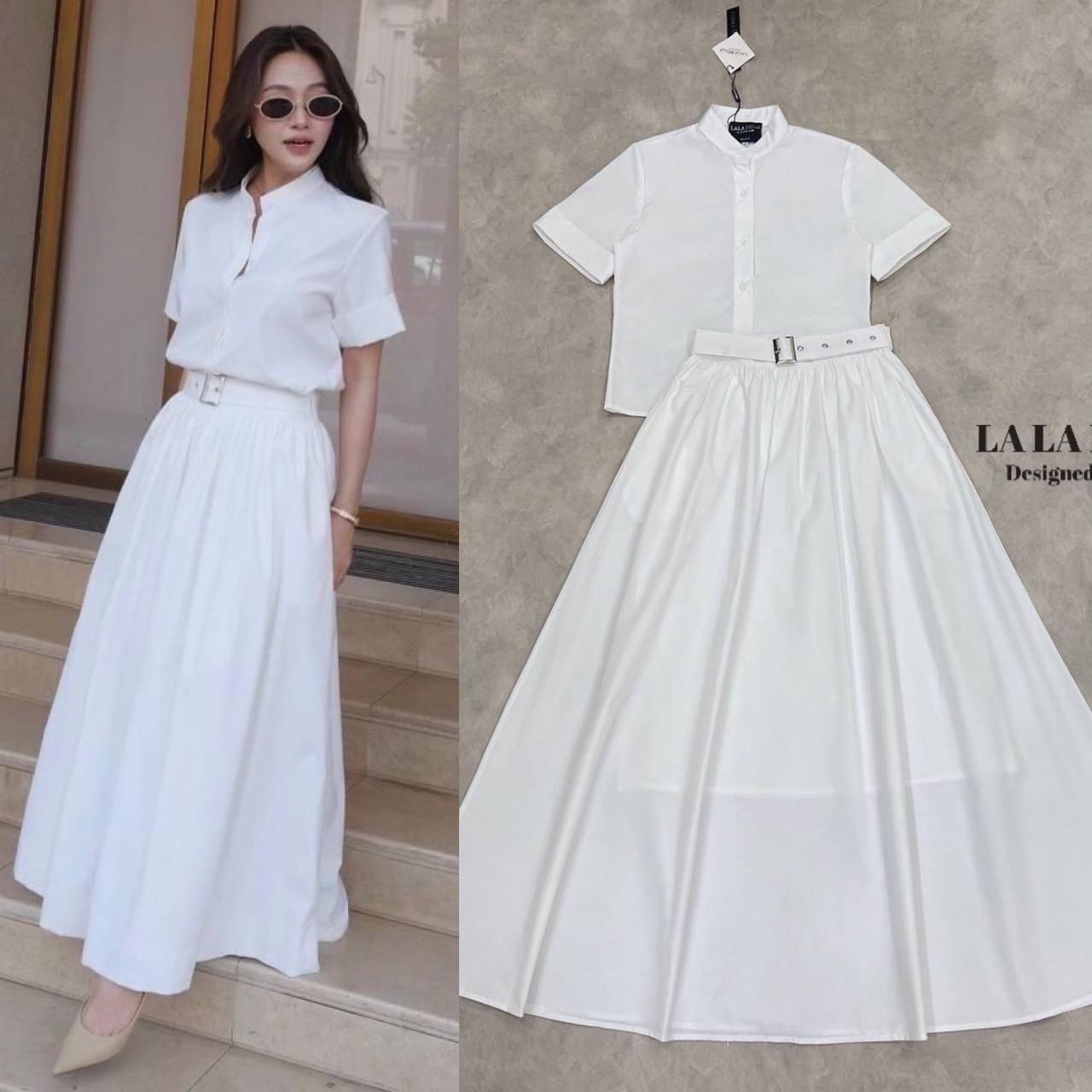 เซต3ชิ้น เสื้อเชิ้ตคอจีนสั้นสั้นปลายแขนพับกระดุมหน้า ใส่คู่กระโปรงยางเย็บจับรอบอย่างดีมีซับในอย่างดี ใส่คู่เข็มขีดเข้าชุดสวยหรูดูแพงสุดๆ ใส่สบาย สินค้าคุณภาพ (พร้อมส่ง)