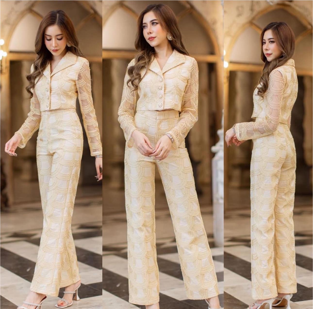 เซตเสื้อซีทรูแขน+กางเกงทรงสวย เนื้อผ้ารุ่นนี้เป็นผ้าตาข่ายเดินลายเส้นด้วย เส้นด้ายทั้งตัว เนื้อนุ่มใส่สบาย สินค้าคุณภาพ (พร้อมส่ง)