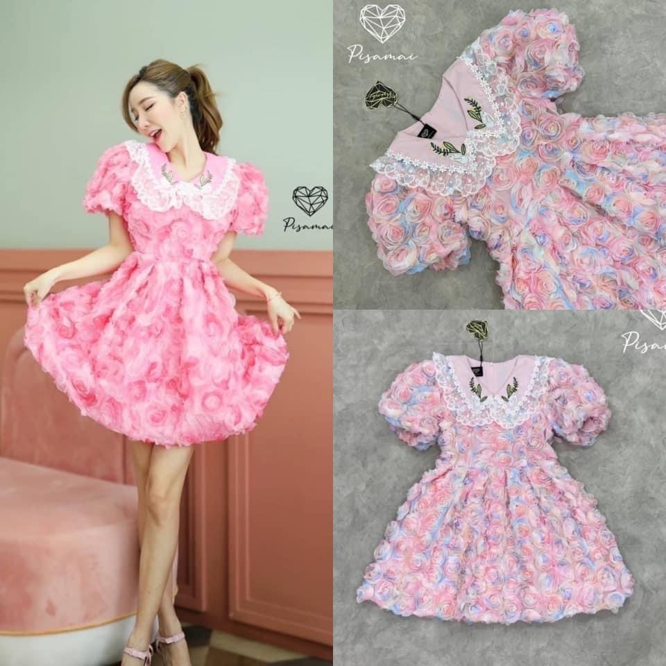 เดรสสั้น งานปักดอกไม้ 3D นุ่มๆ ฟูๆ ทั้งตัว ใส่สบาย : สินค้าคุณภาพ (พร้อมส่ง)