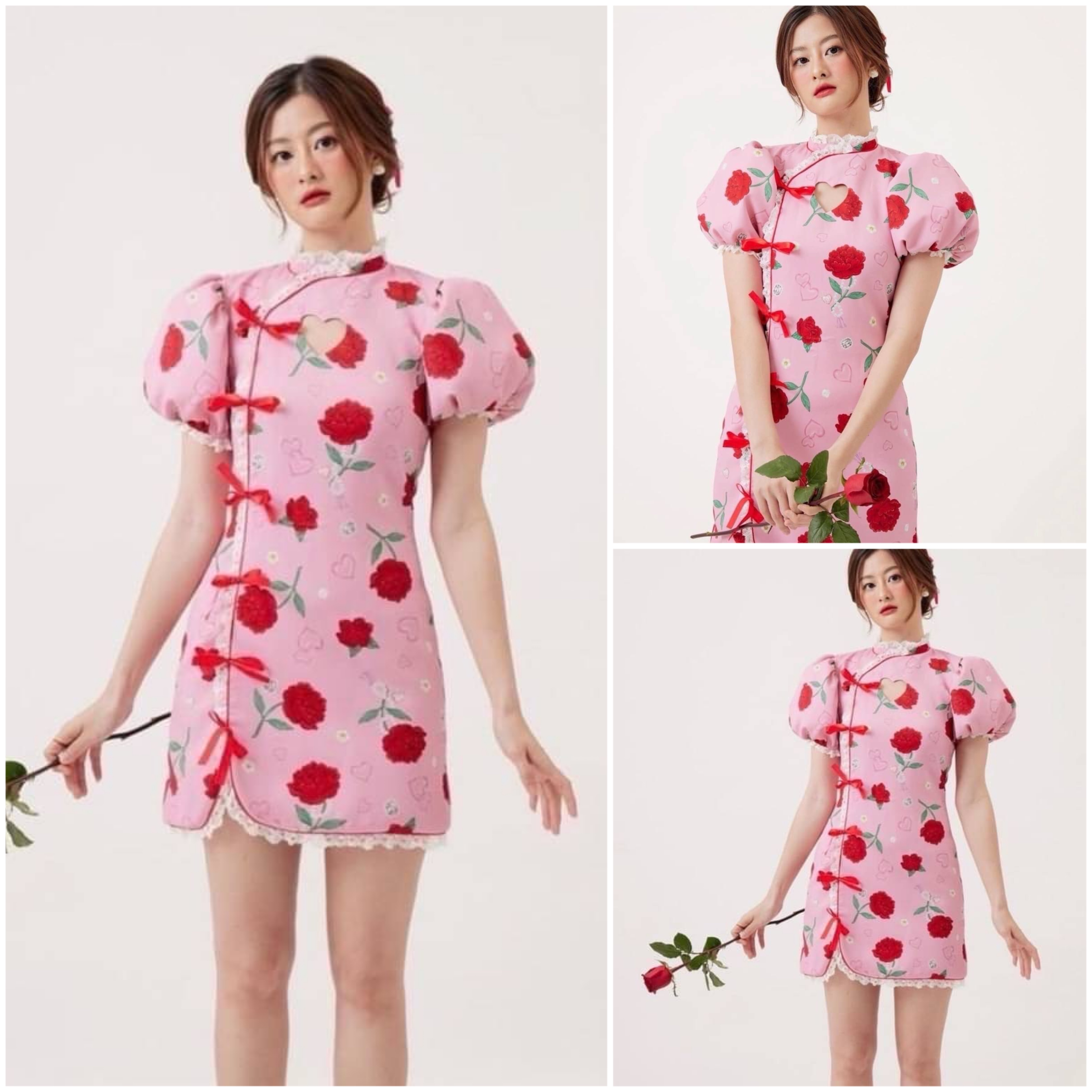 Dress เดรสกี่เพ้าแขนพองแสนสวย แต่งขอบระบายด้วยลูกไม้สีขาวพร้อมผูกโบว์เรียงกันหลายๆอัน ใส่สบาย สินค้าคุณภาพ (พร้อมส่ง)