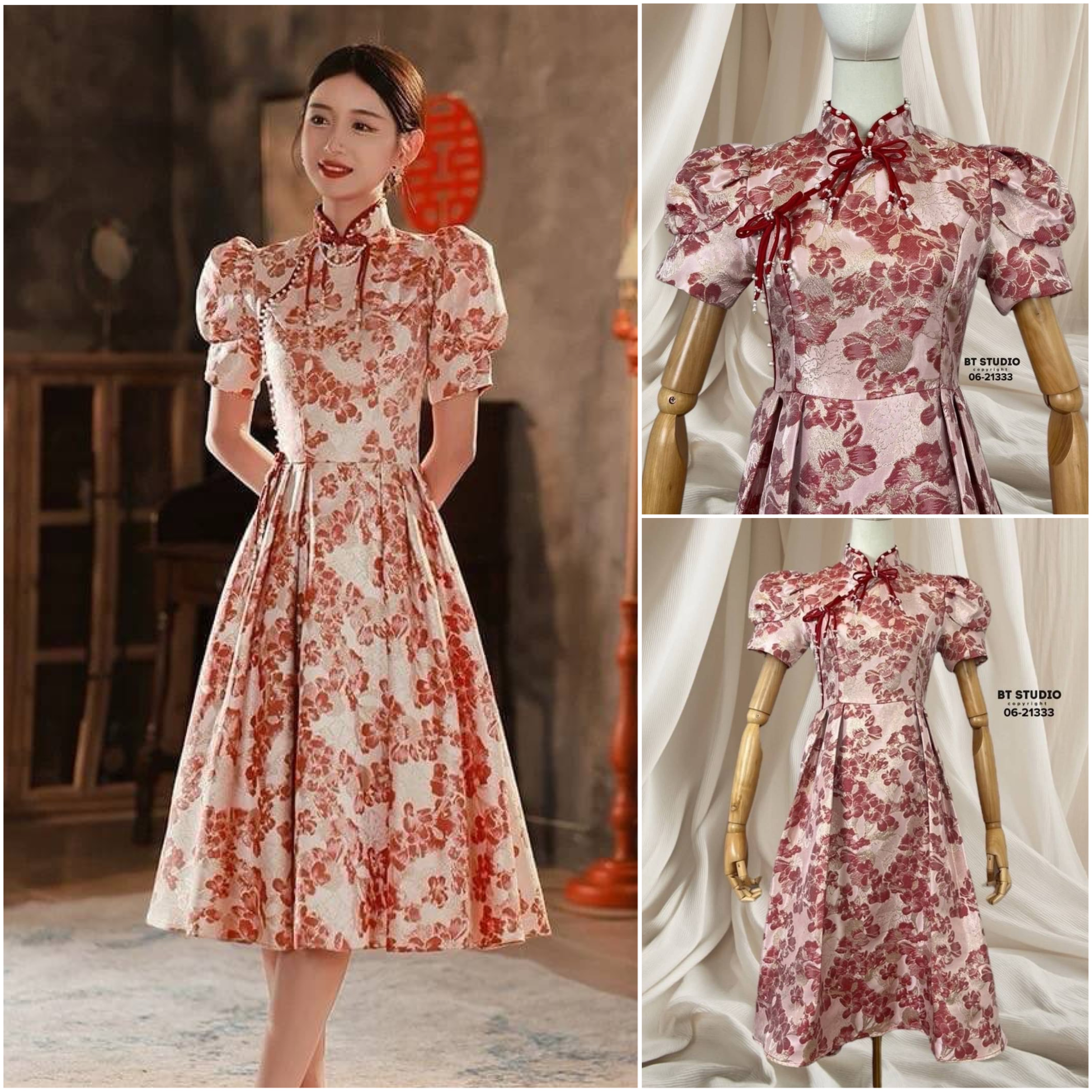 เดรสคลุมเข่างานผ้าทอลายแจ๊คกาดงานสวยเนื้อผ้าปักทอลายทั้งตัวอย่างดี แต่งกุ้นแทบสีแดงและมุกแต่งโบ 2 ชิ้น สามารถเลือกติดได้ ใส่สบาย : สินค้าคุณภาพ (พร้อมส่ง)